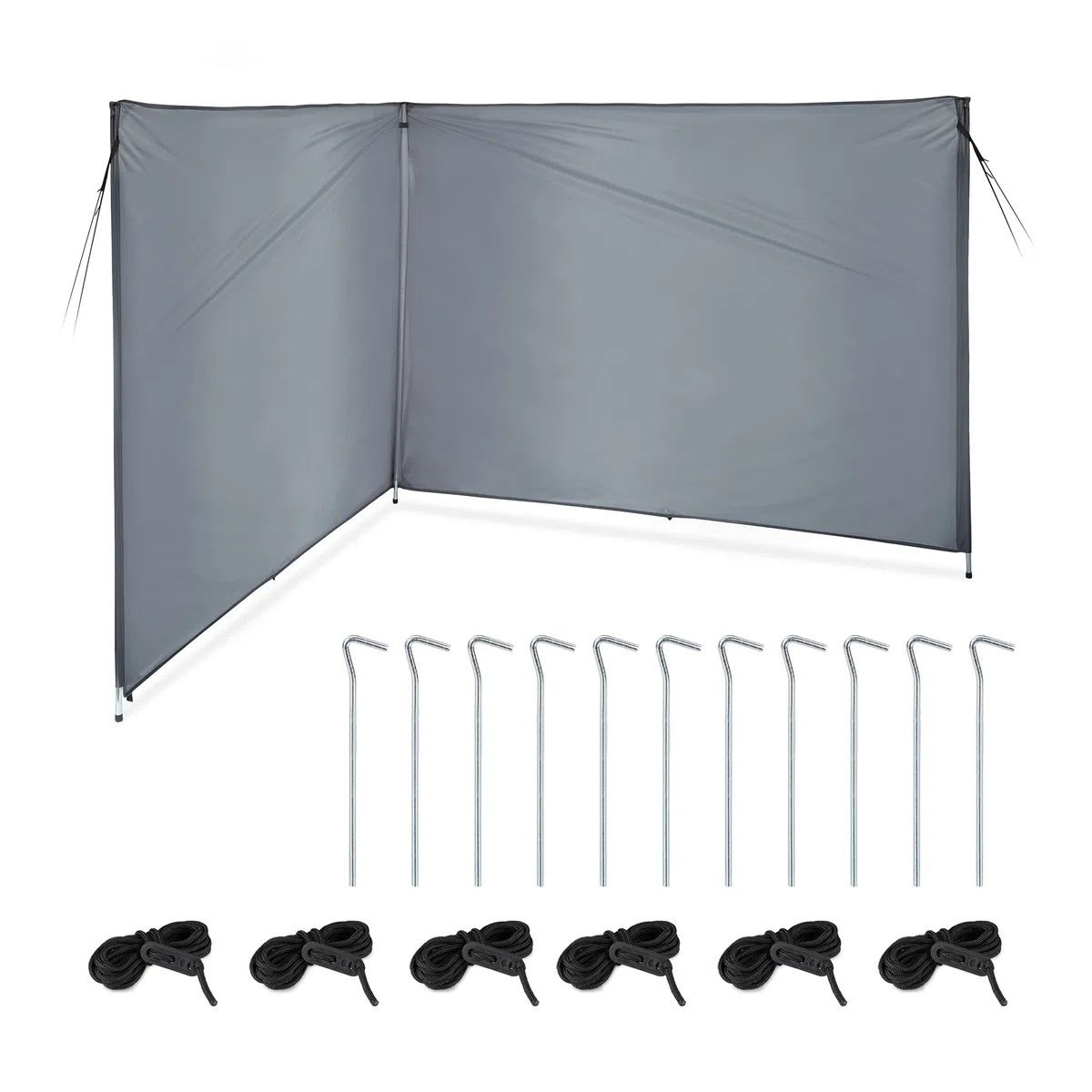 Relaxdays Windschutz, Sichtschutz Camping & Strand, HxB: 1,5 x 4 m, Stahlstangen, Polyester, mit Heringen & Seilen, grau