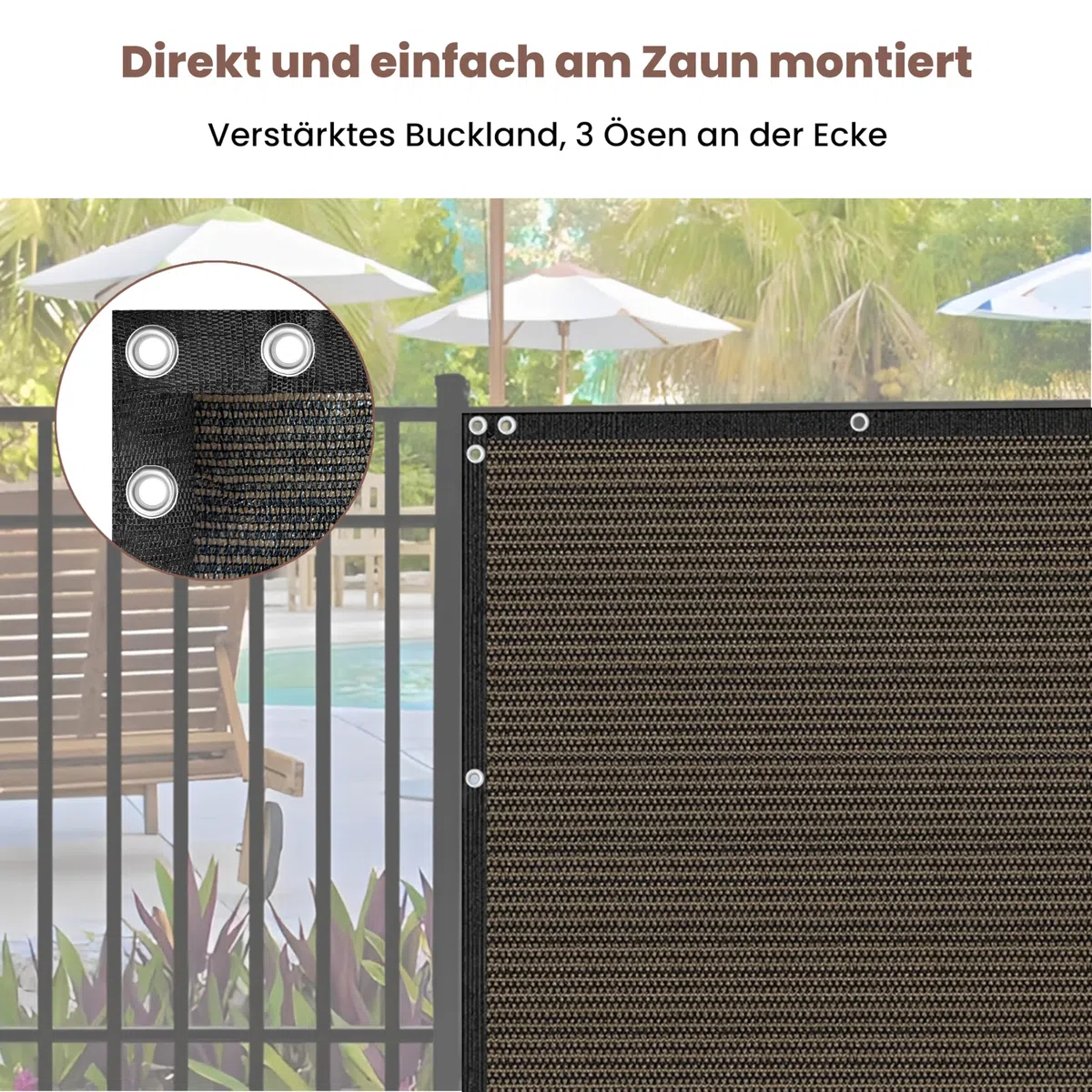 Zaunblende Sichtschutz Braun-Schwarz,1.5x10m, Sichtschutzzaun 90% HDPE-Schattennetz für den Außenbereich, mit Löchern und Kabelbindern, UV-beständiges, reißfestes Sonnenschutznetz
