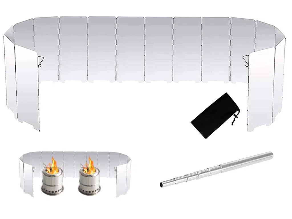 Faltbar Aluminium Windschutz,Camping Windschutzscheibe Windscreen,mit 16 Lamellen aus Faltbar Aluminium Windschutz,1 Teleskop Blasrohrfür,für Outdoor,Picknick,Öfen,Campingkochern,Gaskochern