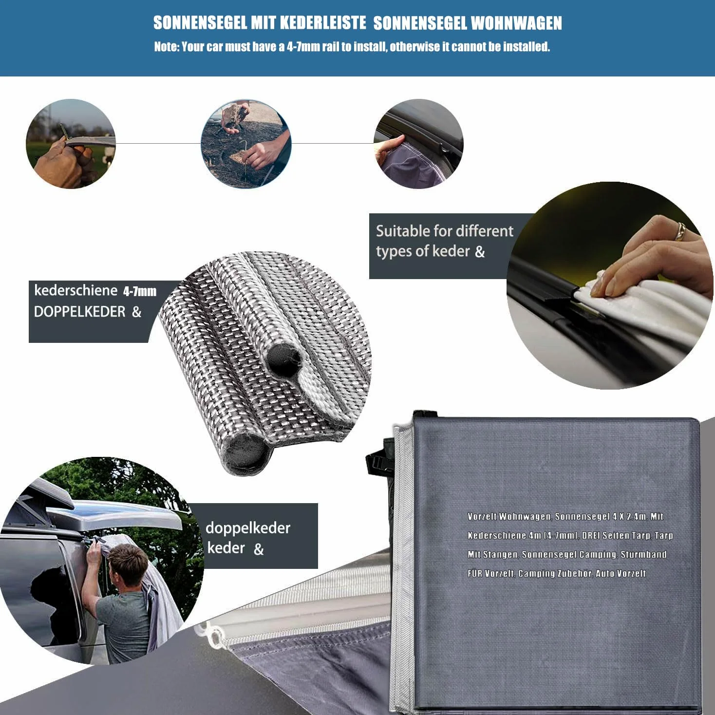 Vorzelt Wohnwagen Sonnensegel 4 x 2.4m mit Kederschiene 4m (4-7mm) DREI Seiten Tarp Camping Zubehör