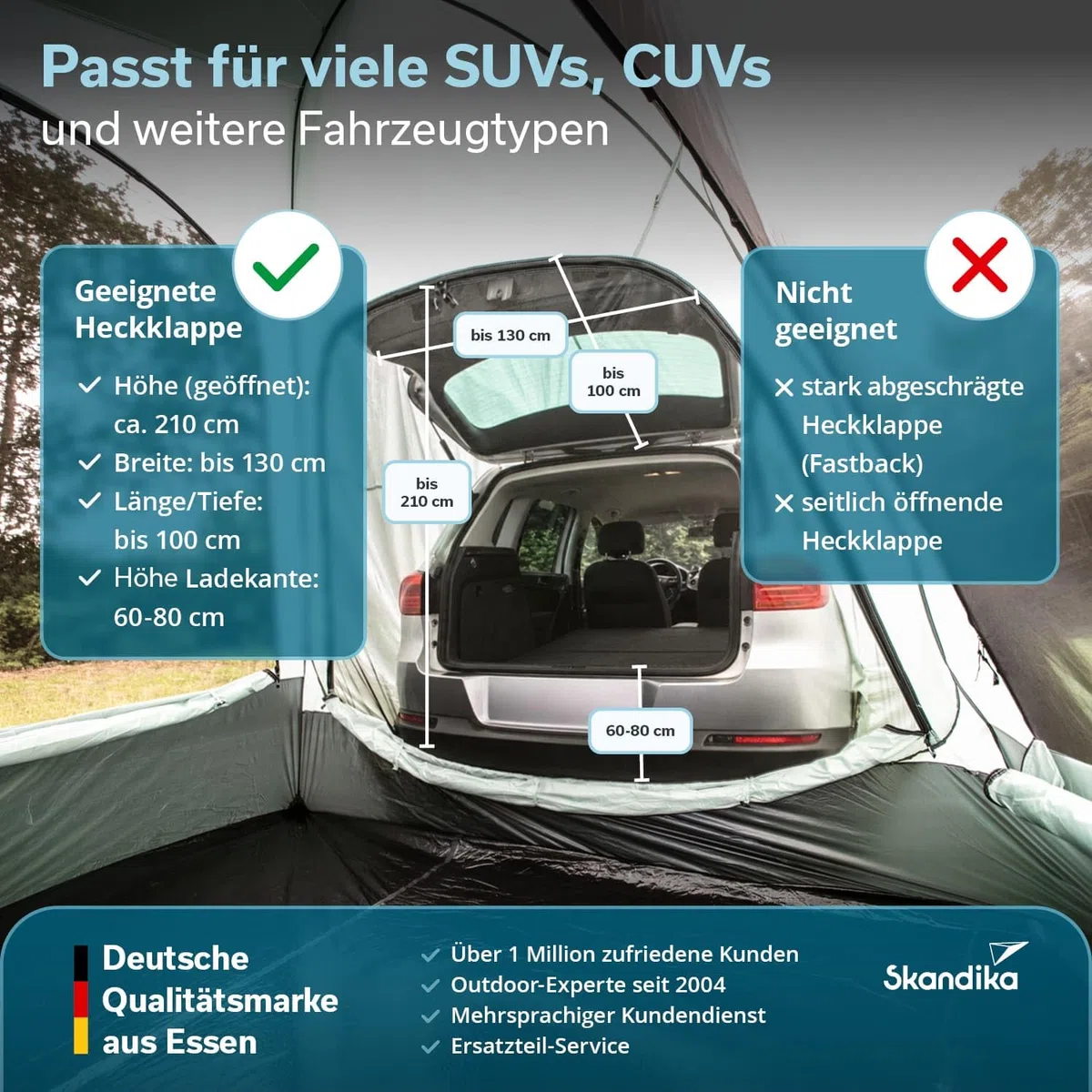 Skandika Heckzelt Pitea SUV Protect | 4 Personen, freistehend, eingenähter Zeltboden, 2,2 m Stehhöhe, große Fenster, wasserfest, 3000 mm Wassersäule, Moskitonetze, 3 x 3 m, für Auto, CUV, Bus, Minivan