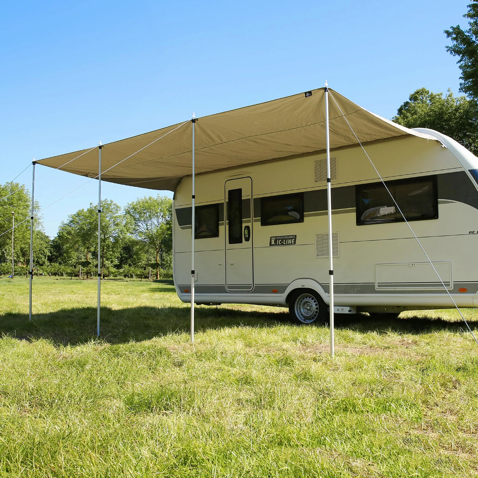 GEAR Caravan Tarp TC Wohnwagen Sonnendach wasserdichtes Baumwoll-Sonnensegel UV 50+ Alu-Teleskopstangen 500 x 240 cm Beige Sand