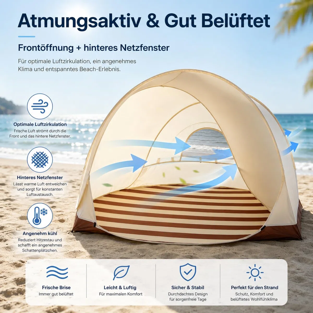 Pop-up Strandmuschel UV Schutz 50, 2-3 Personen Groß Strandzelt 1kg-Leicht & Tragbar, Wasserdicht Sonnenbeständig Atmungsaktiv,120x100cm, für Wanderausflug Strand Camping (Braun_185X85cm)