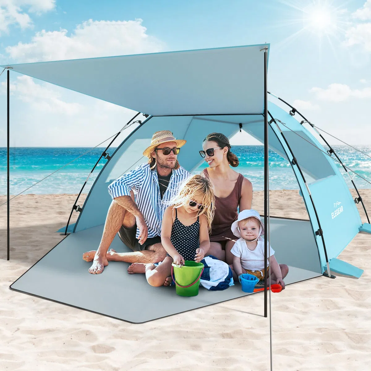 Elegear CumbreX Strandmuschel mit Sonnendach, 4-5 Personen Strandzelt UV Schutz 50+ Einfacher Aufbau, Tragbarer Leichte Strand Zelt mit Doppeltür, Windschutz Sonnenschutz für Strand, Garten, Fischen