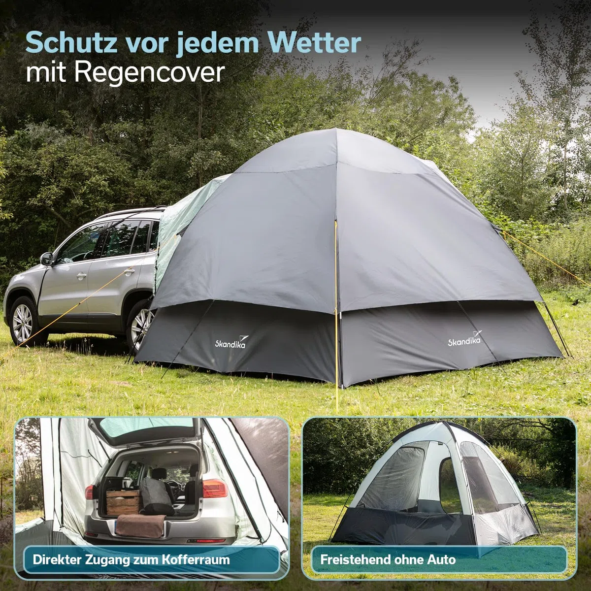 Skandika Heckzelt Pitea SUV Protect | 4 Personen, freistehend, eingenähter Zeltboden, 2,2 m Stehhöhe, große Fenster, wasserfest, 3000 mm Wassersäule, Moskitonetze, 3 x 3 m, für Auto, CUV, Bus, Minivan