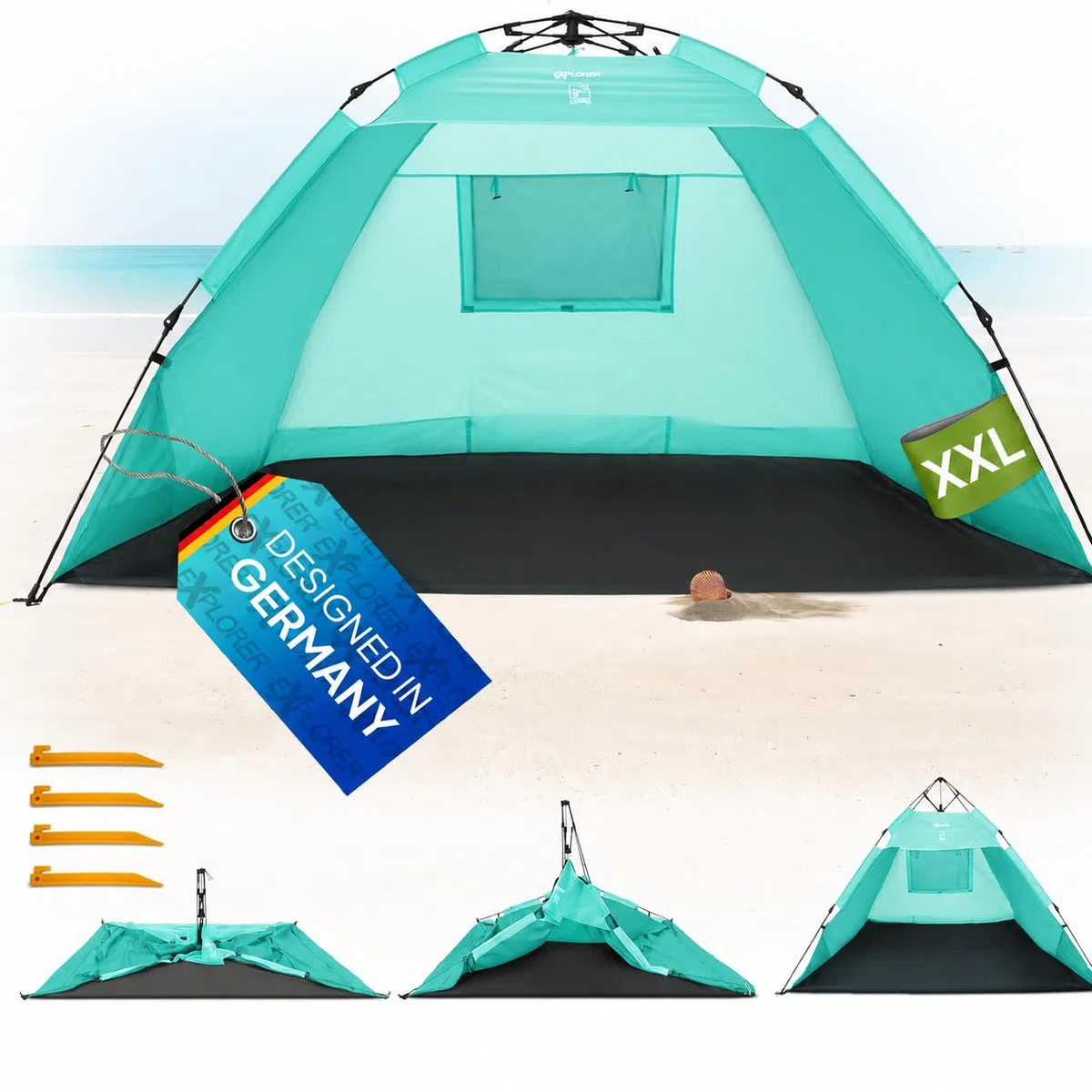 EXPLORER XXL Automatik Strandmuschel UV Schutz 80+ 220x150x130cm Strandzelt Sonnenschutz Mint