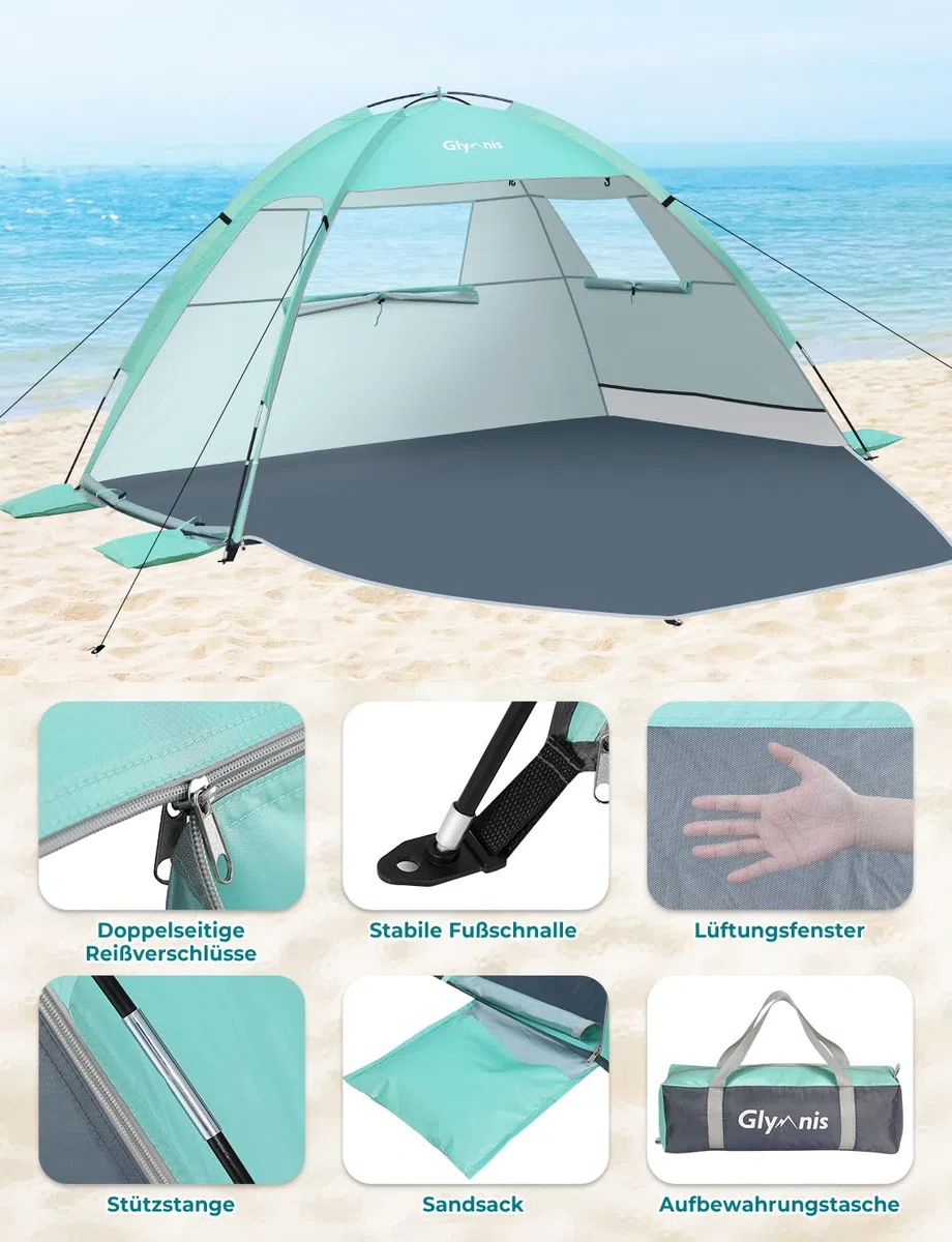 Glymnis Strandmuschel Strandzelt Strand Zelt mit 2 Reißverschlusstür UV-Schutz UPF50+ Windschutz kleines Packmaß Strandzelt für 2-3 Personen