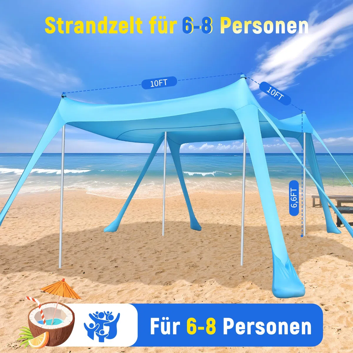 Purebox Strandzelt UPF 50+ Sonnenschutz 10x10FT mit 8 Sandsäcken für Strand Camping