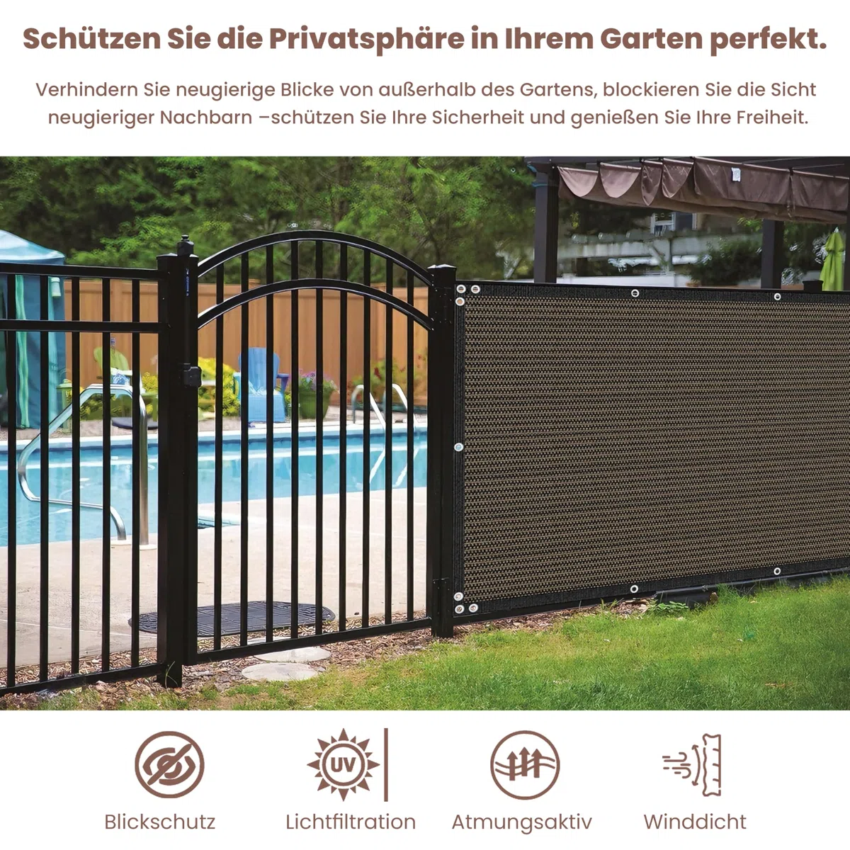 Zaunblende Sichtschutz Braun-Schwarz,1.5x10m, Sichtschutzzaun 90% HDPE-Schattennetz für den Außenbereich, mit Löchern und Kabelbindern, UV-beständiges, reißfestes Sonnenschutznetz