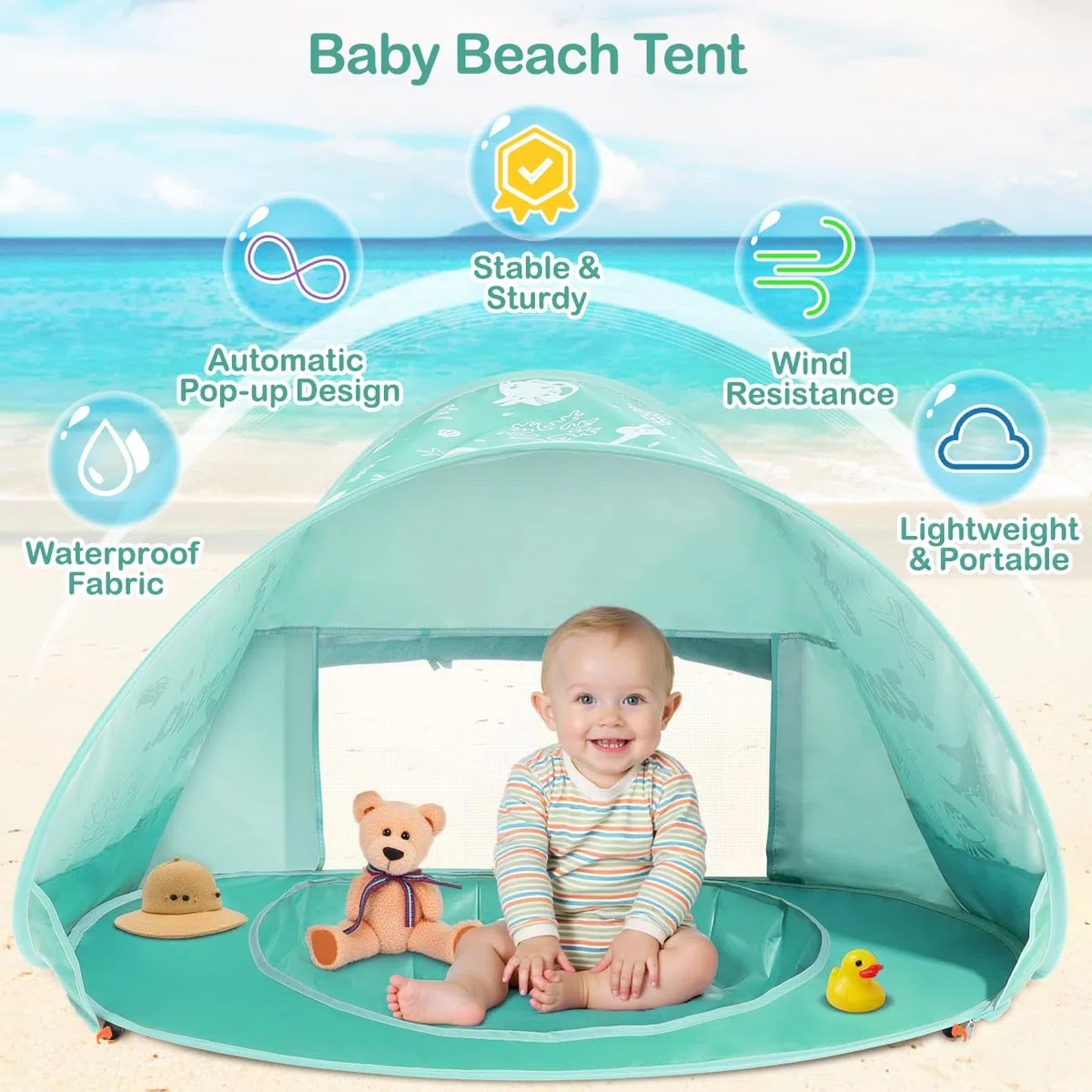 Strandmuschel Pop Up Baby Strandzelt Strandmuscheln,Tragbar Baby Strand Zelt mit Mini Pool UV-Schutz 50+ Sun Windschutz Shelter für Kleinkinder mit Strand Sand Spielzeug Set, Minzgrün