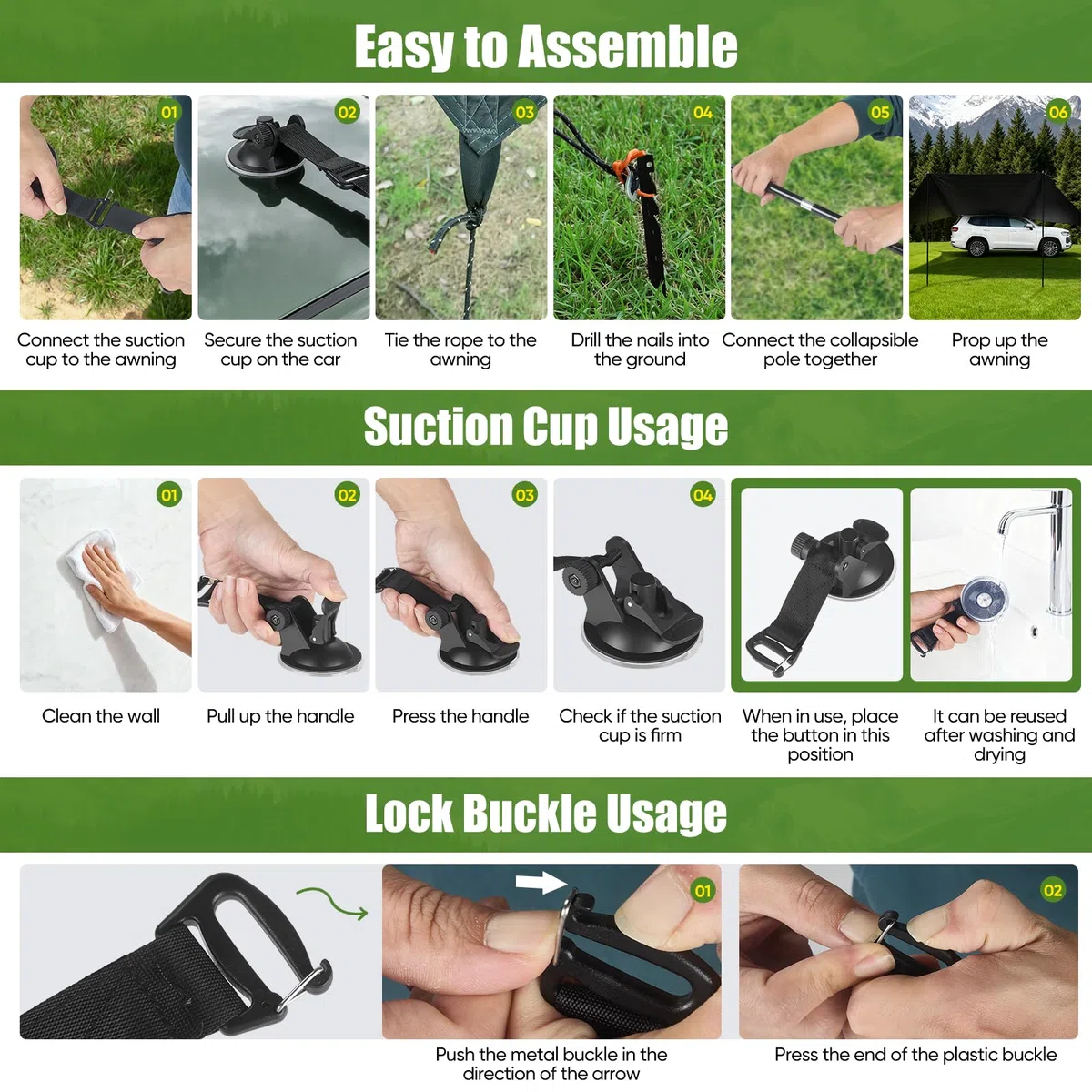Auto Sonnensegel 2x3x2m 210D Oxford Markise 8000mm Wassersäule 99,9% UV-Schutz Universal Car Awning Aluminium Stangen Saugnäpfen Reflektiven Seilen SUV Van Wohnmobil Camping