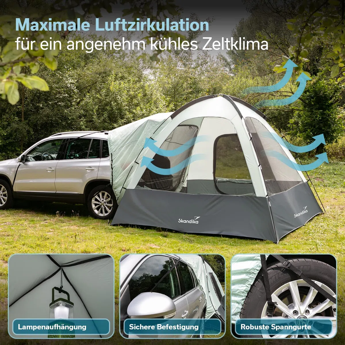 Skandika Heckzelt Pitea SUV Protect | 4 Personen, freistehend, eingenähter Zeltboden, 2,2 m Stehhöhe, große Fenster, wasserfest, 3000 mm Wassersäule, Moskitonetze, 3 x 3 m, für Auto, CUV, Bus, Minivan