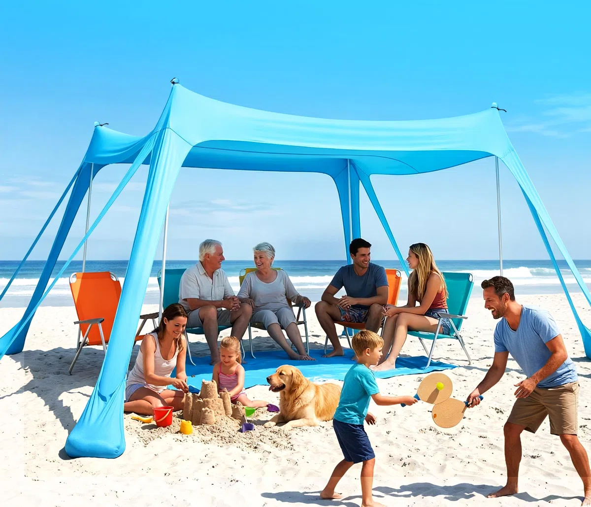 Purebox Strandzelt UPF 50+ Sonnenschutz 10x10FT mit 8 Sandsäcken für Strand Camping