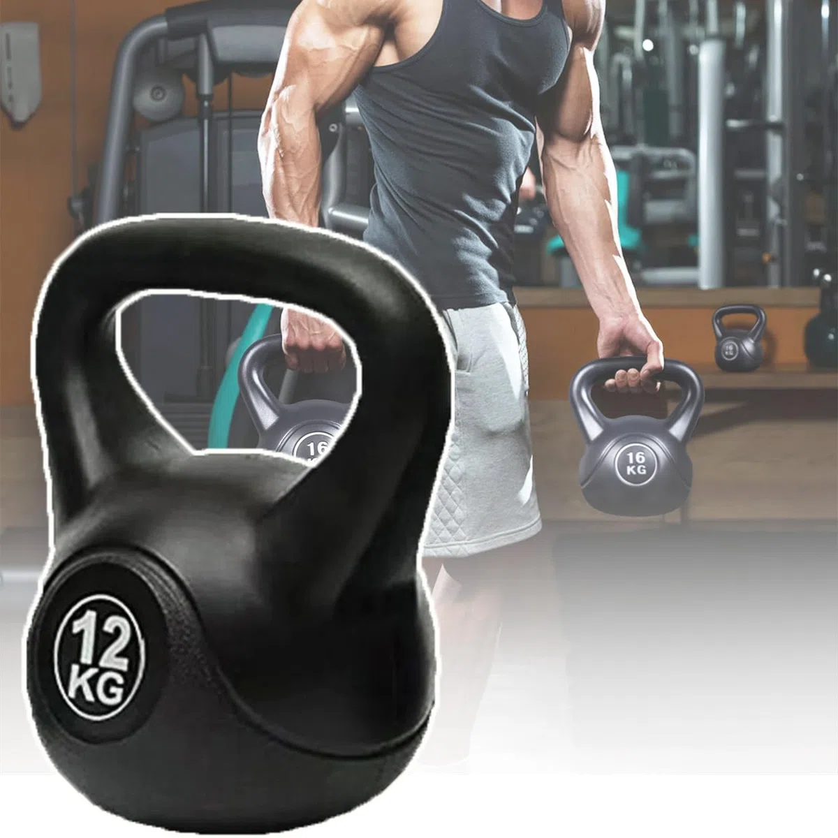 Schwere Kettlebell, Vinyl-Kettlebell (4/6/8/10/12/14 Kg), PP + Betonzement, Bogendesign-Griff/rutschfest, Sturzfest + Starke Belastbarkeit, Unisex,12kg