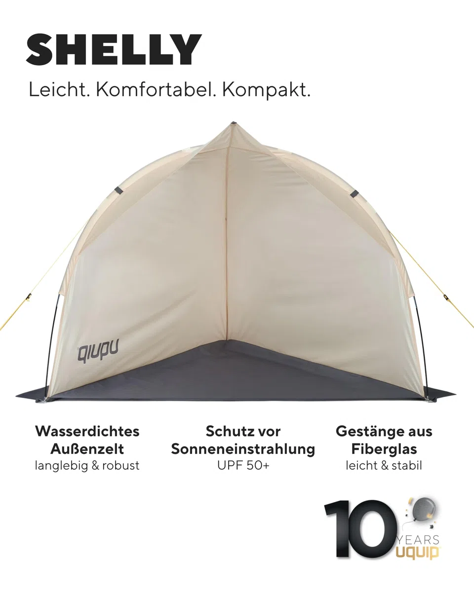 Uquip Strandmuschel Shelly Sand I 165 x 140 x 120 cm I UPF 50+ Strandzelt zum Schutz vor Sonne, Wind & Regen I tragbares Beach Zelt I ideal für Strand, Camping & Picknick