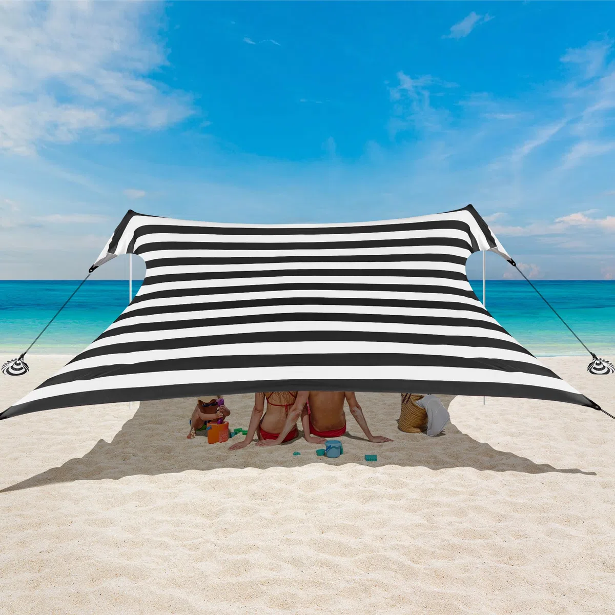 Strandzelt Sonnenschutz Strandmuschel mit UV-Schutz UPF 50+ -3x3m Tragbar für Strand, Outdoor, Camping & Garten-Inkl. Sandsäcke, Stangen, Heringe & Windseile-Für Picknick, Angeln-Schwarz Streifen