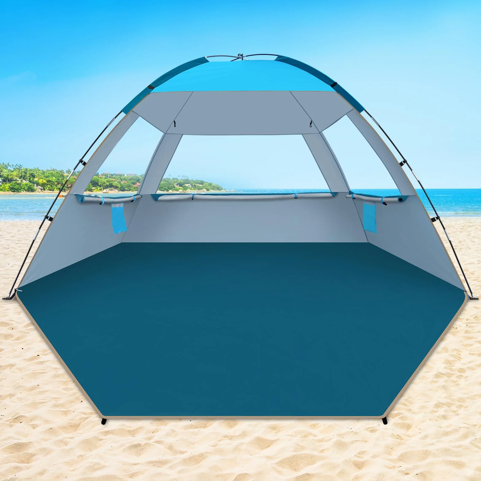 COMMOUDS Strandmuscheln für 4-5 Personen, Tragbarer Strandzelt mit UV-Schutz 50+, Familie Sonnenzelt Strand mit 2 Mesh Fenster, Schnelle Montage, Einfaches Tragen Schirm für Outdoor