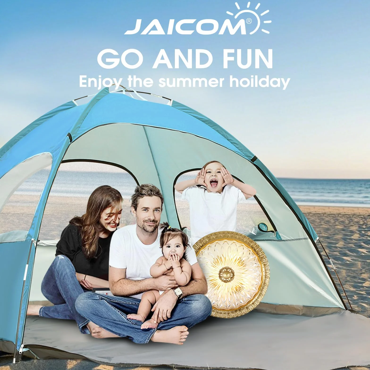 JAICOM Strandmuschel, 2-3 Personen Strandzelt mit UPF 50+ UV Schutz, Leichtes, schnell aufzubauendes sonnenzelt Strand, Mit DREI luftigen Fenstern, für Familie, Strand, Garten, Camping