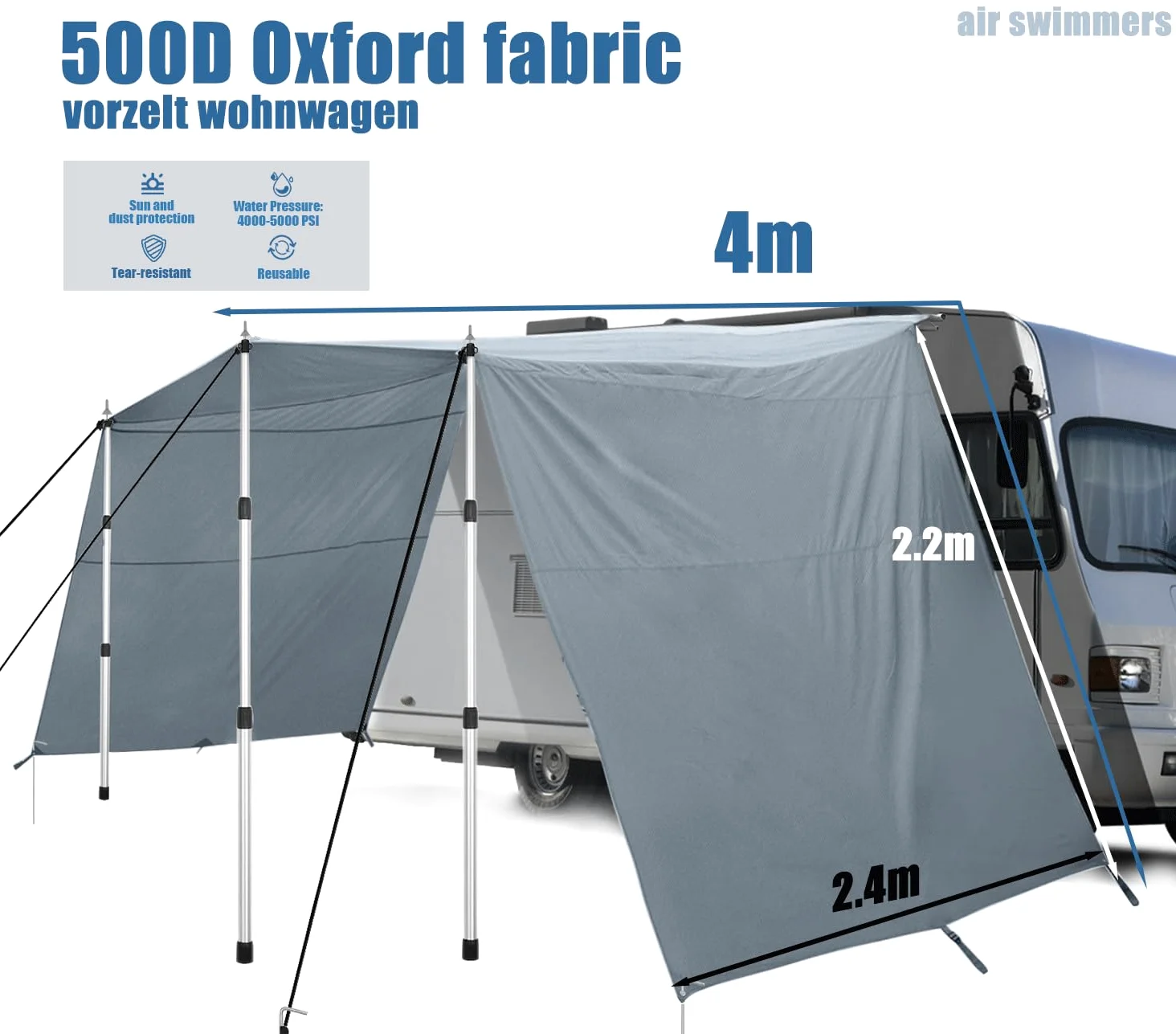 Vorzelt Wohnwagen Sonnensegel 4 x 2.4m mit Kederschiene 4m (4-7mm) DREI Seiten Tarp Camping Zubehör