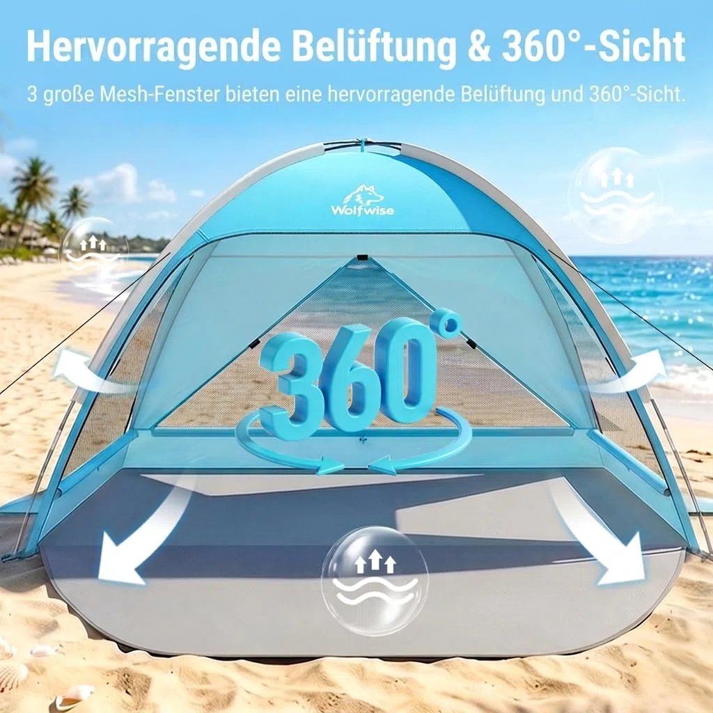 Wolfwise Strandmuschel UV Schutz, 3 Belüftungsfenster & Tragetasche, Strand Zelt mit erweiterbarem Boden für Privatsphäre, 3 Personen, 220x150x122cm(87 ''x59''x48''), Blau