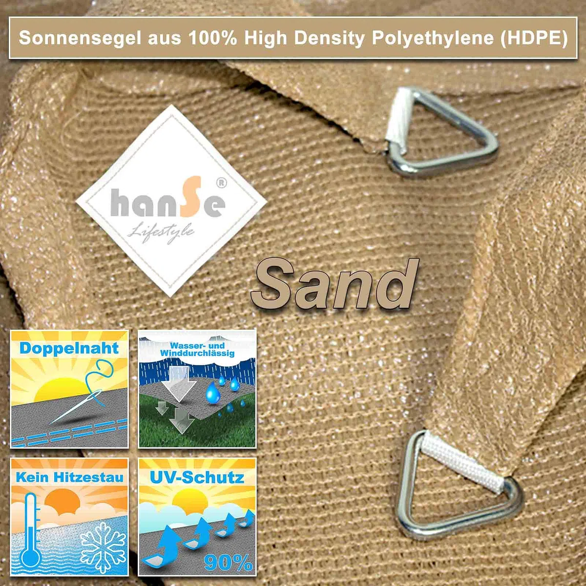 hanSe Sonnensegel rechteckig, Segeltuch Rechteck, 4x5 m in Sand, aus HDPE Gewebe, wetterbeständig mit UV Schutz und Sonnenschutz für Garten, Balkon und Terrasse