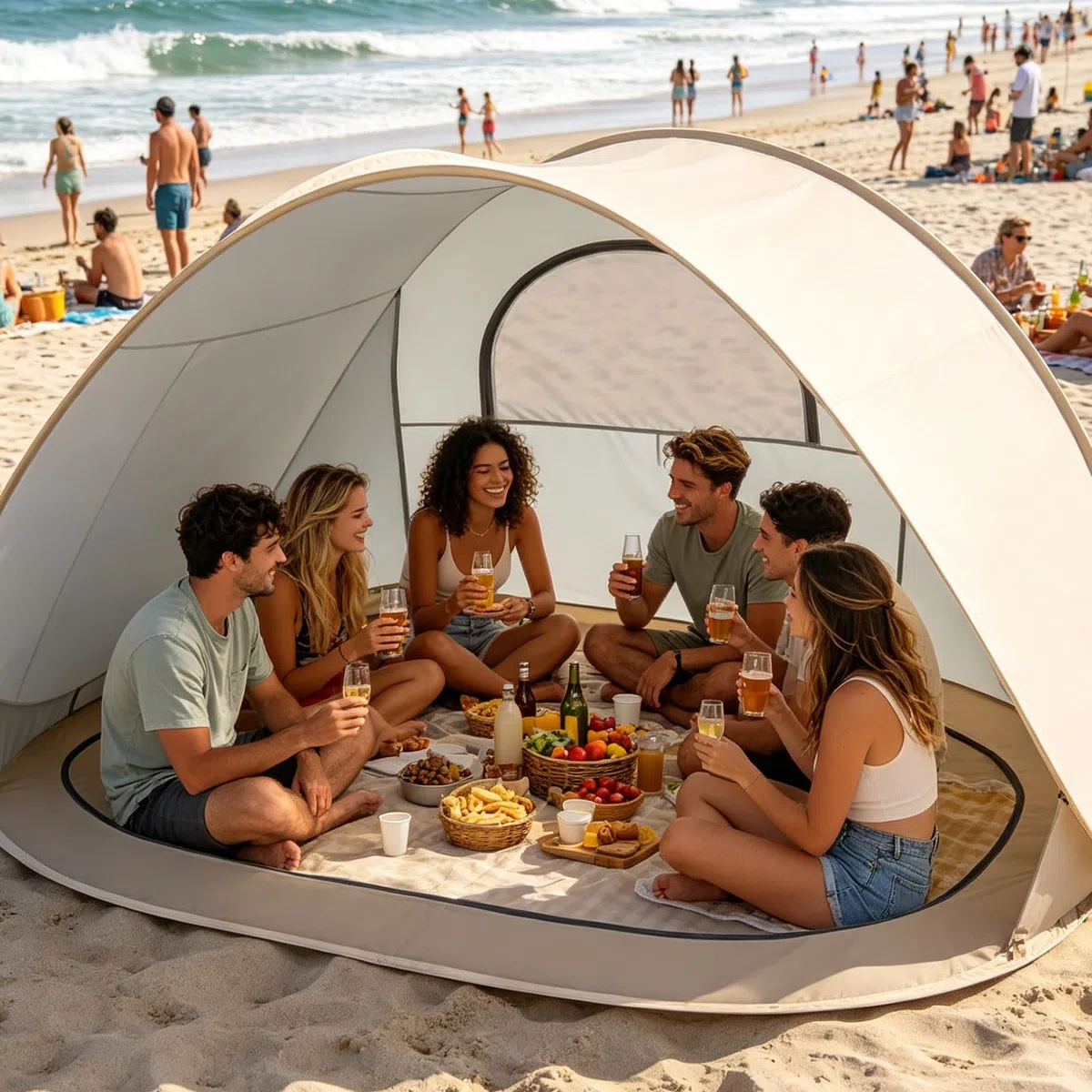 Strandmuschel Pop Up Uv Schutz 50+, 2-3 Personen Groß Strandzelt 1kg-Leicht & Tragbar, Wasserdicht Sonnenbeständig Atmungsaktiv, 200x120x100cm, für Wanderausflug Strand Camping (G)
