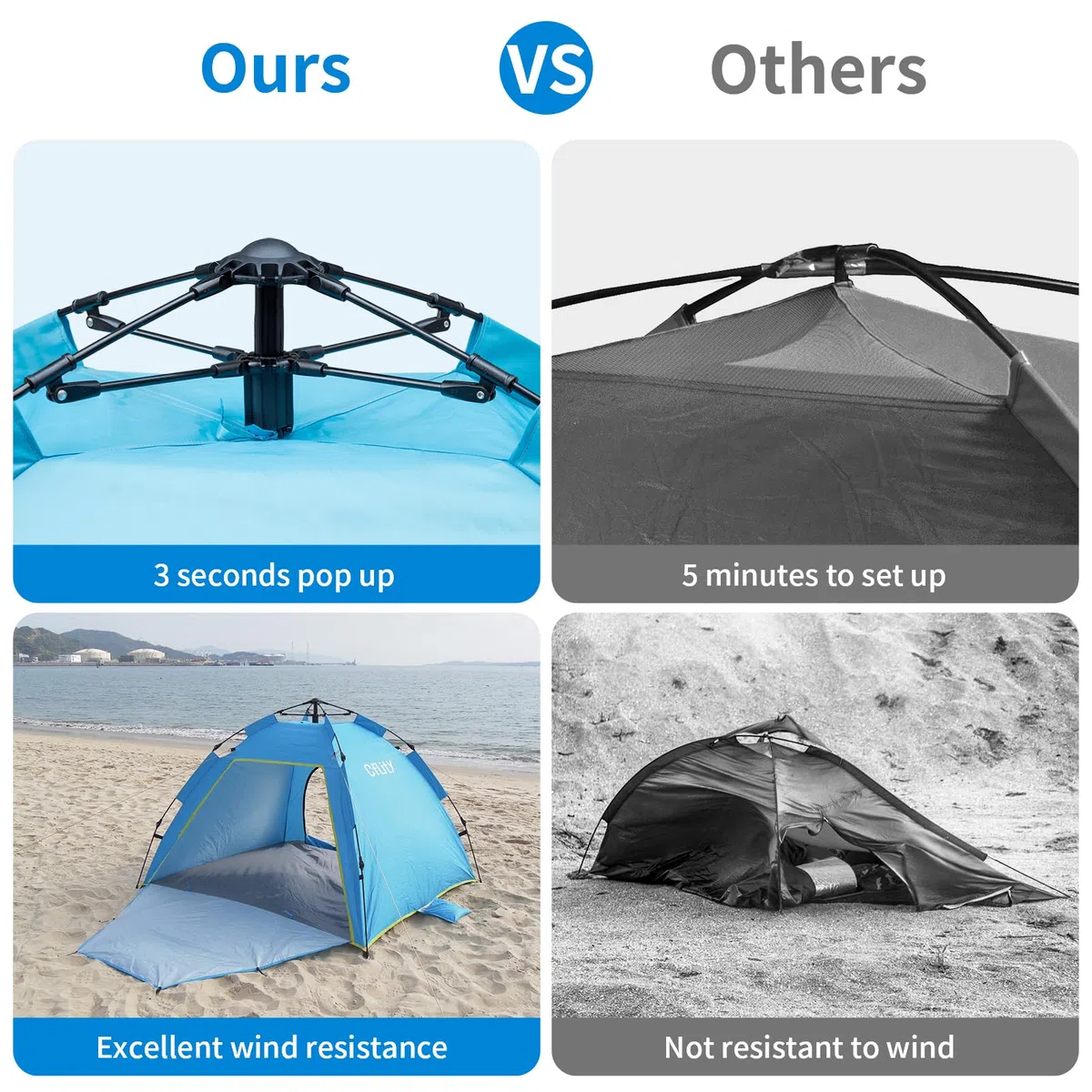 Cflity Strandmuschel, 1-3 Personen Automatische Instant Pop Up Strandzelt, UV Schutz 50+ Sonnenschutz Groß Tragbar Extra Light Pop Up Zelt mit Doppeltür für Garten, Fischen, Picknick