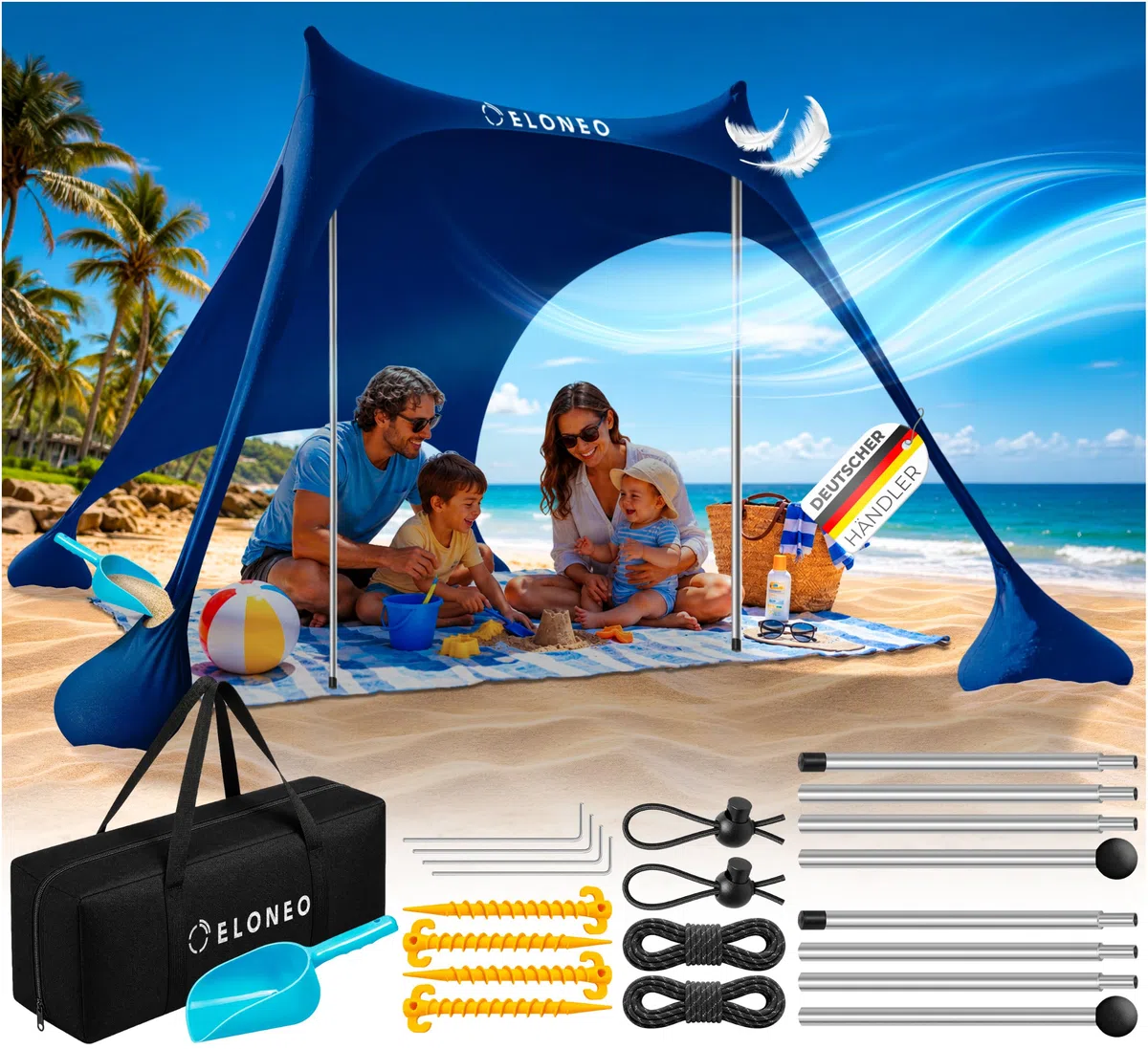 ELONEO Strandzelt, Sonnensegel Strand 200x170x150 cm, LSF 50+, Sonnenschutz für Strand mit Sandschaufel, Heringen und Stabilitätsstangen, Navy