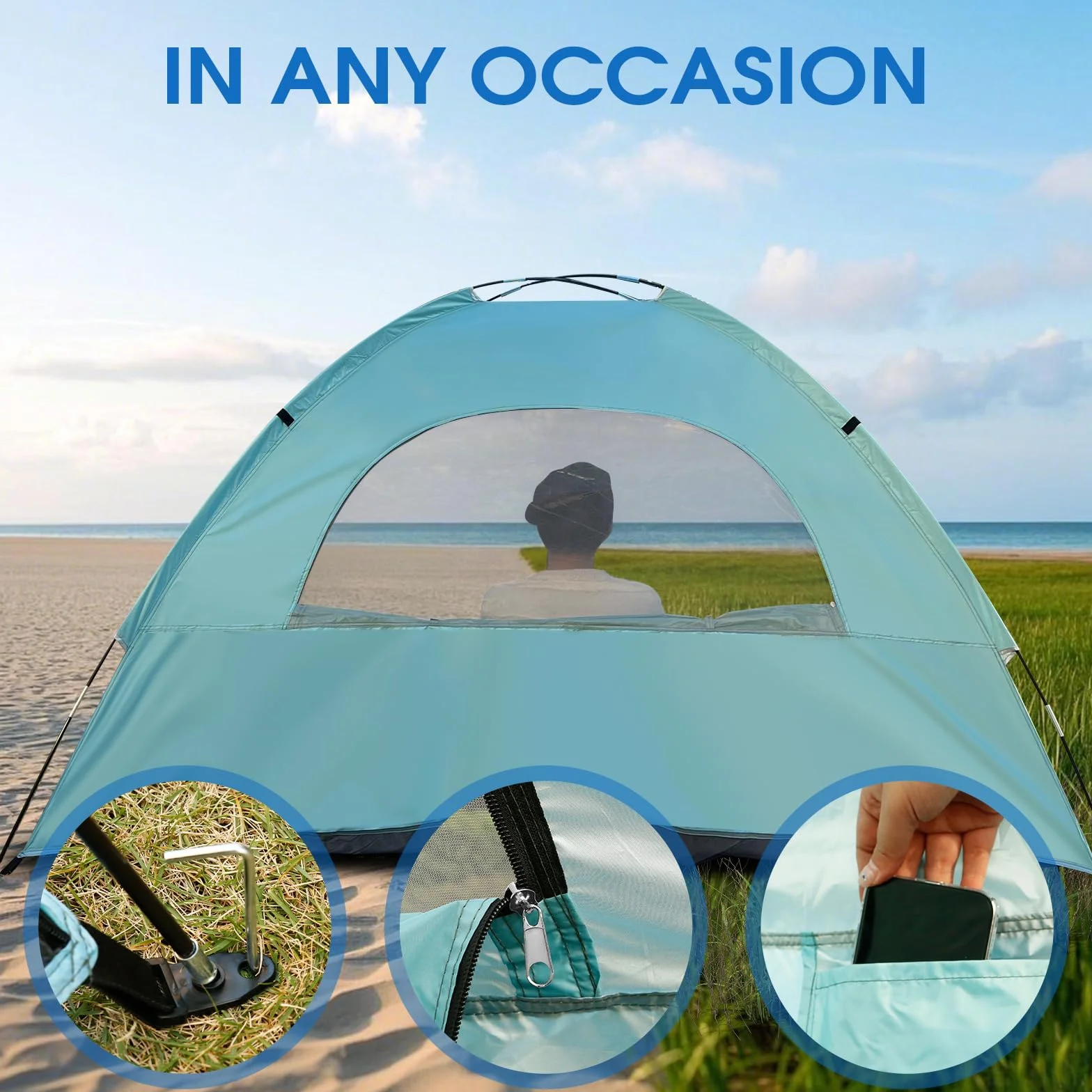 JAICOM Strandmuschel, 2-3 Personen Strandzelt mit UPF 50+ UV Schutz, Leichtes, schnell aufzubauendes sonnenzelt Strand, Mit DREI luftigen Fenstern, für Familie, Strand, Garten, Camping
