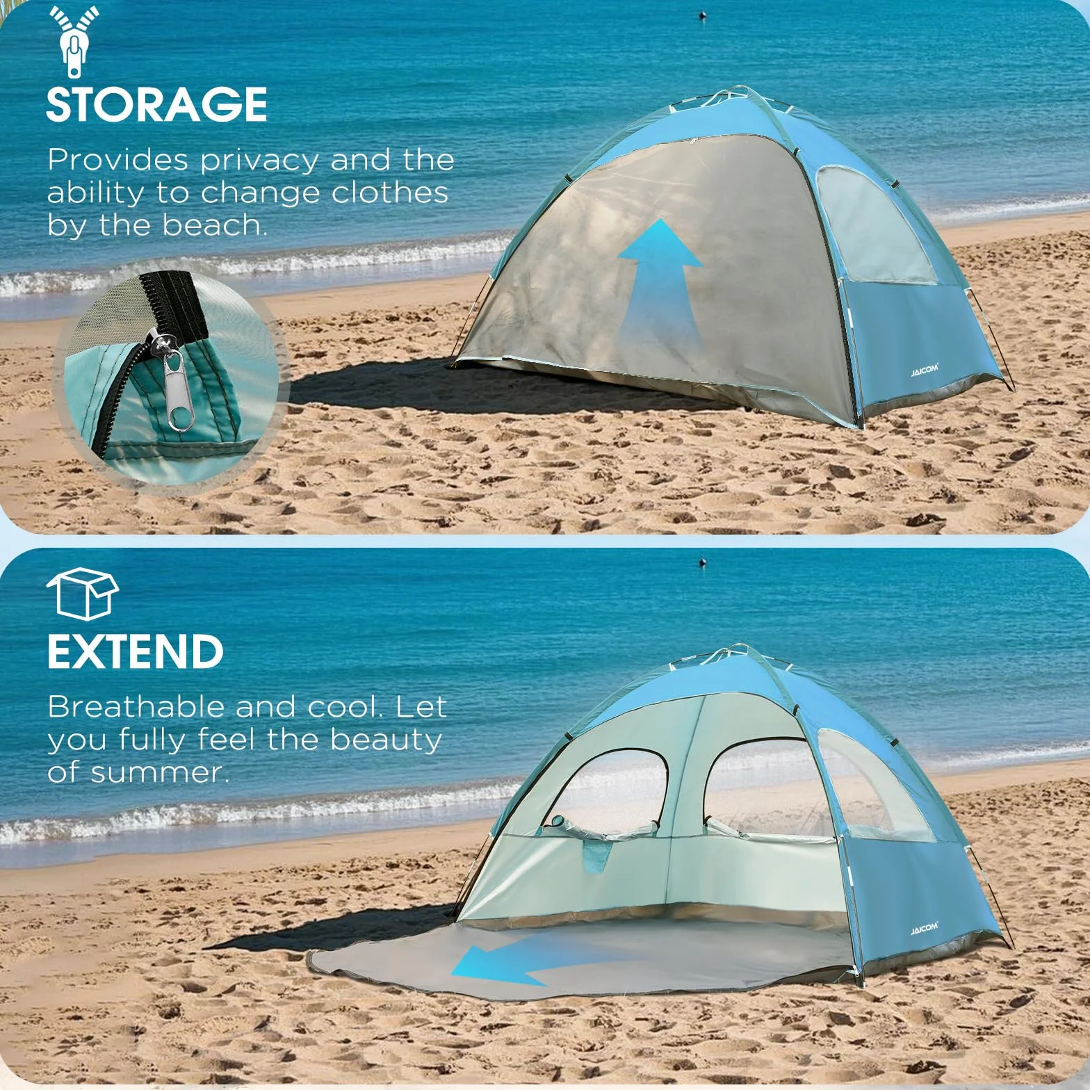 JAICOM Strandmuschel, 2-3 Personen Strandzelt mit UPF 50+ UV Schutz, Leichtes, schnell aufzubauendes sonnenzelt Strand, Mit DREI luftigen Fenstern, für Familie, Strand, Garten, Camping