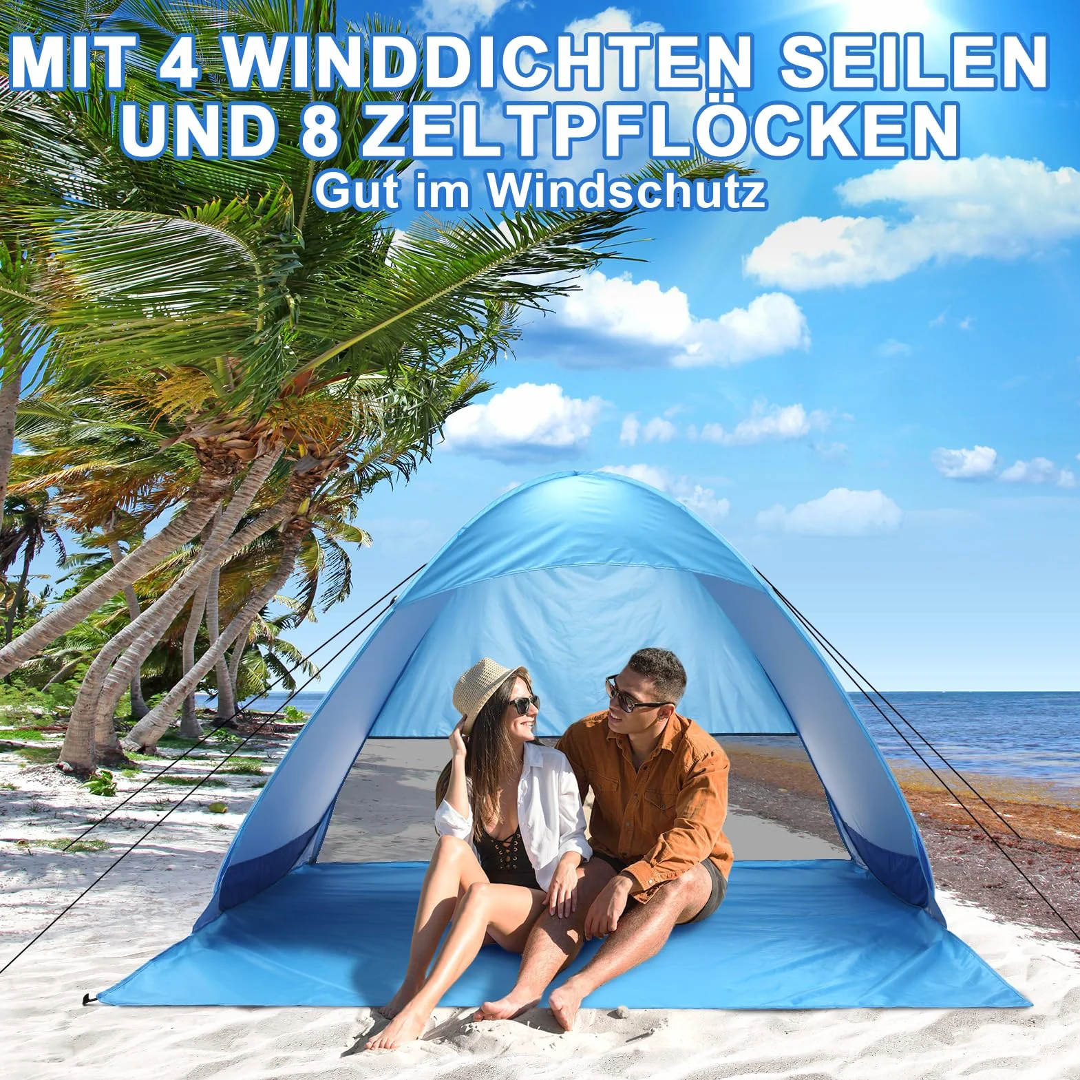 COVACURE Strandmuschel Pop Up XXL Strandzelt für 3–4 Personen, mit UV-Schutz UPF 50+ Ideal für Strand, Garten und Park