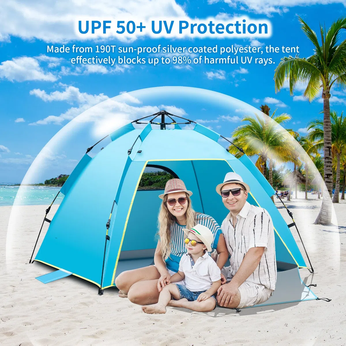 Cflity Strandmuschel, 1-3 Personen Automatische Instant Pop Up Strandzelt, UV Schutz 50+ Sonnenschutz Groß Tragbar Extra Light Pop Up Zelt mit Doppeltür für Garten, Fischen, Picknick