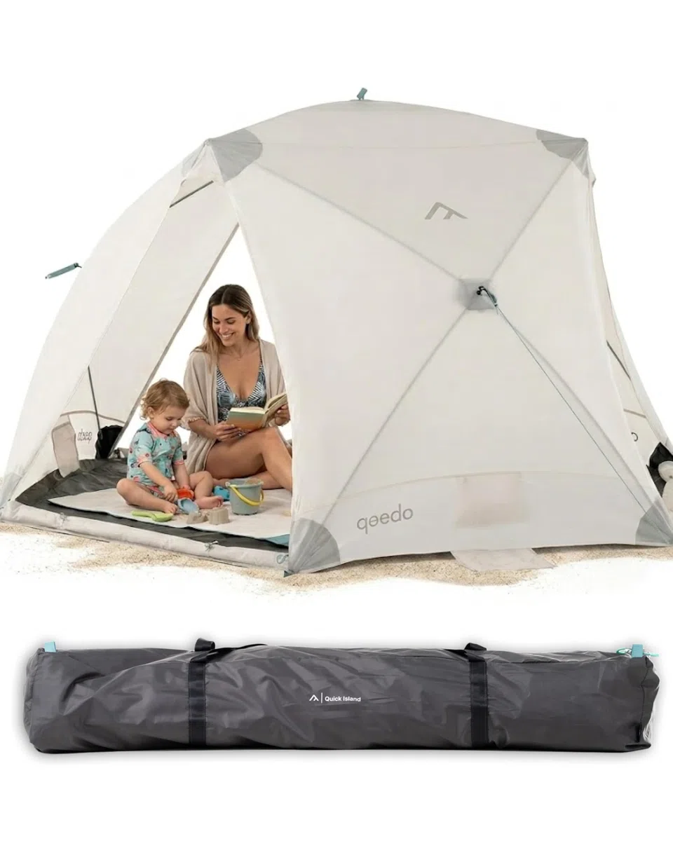 qeedo Quick Island Strandmuschel - große Quick-Up Strandmuschel mit 3 Eingängen, Sichtschutz & Windschutz, inkl. Boden, Sandanker, Heringe und Tragetasche