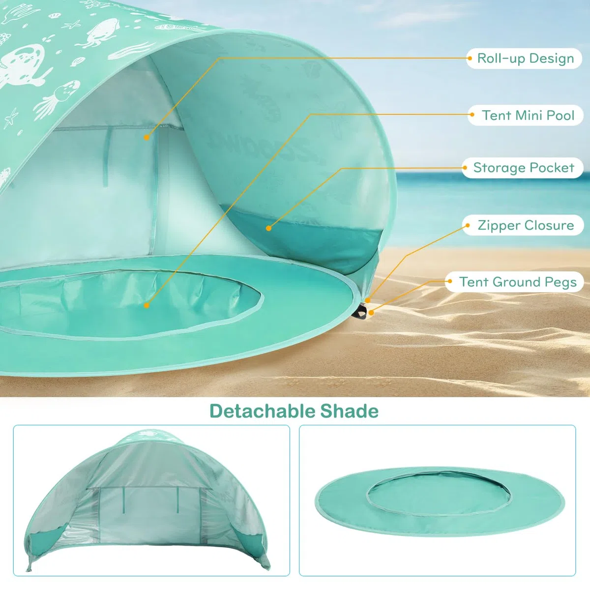Strandmuschel Pop Up Baby Strandzelt Strandmuscheln,Tragbar Baby Strand Zelt mit Mini Pool UV-Schutz 50+ Sun Windschutz Shelter für Kleinkinder mit Strand Sand Spielzeug Set, Minzgrün