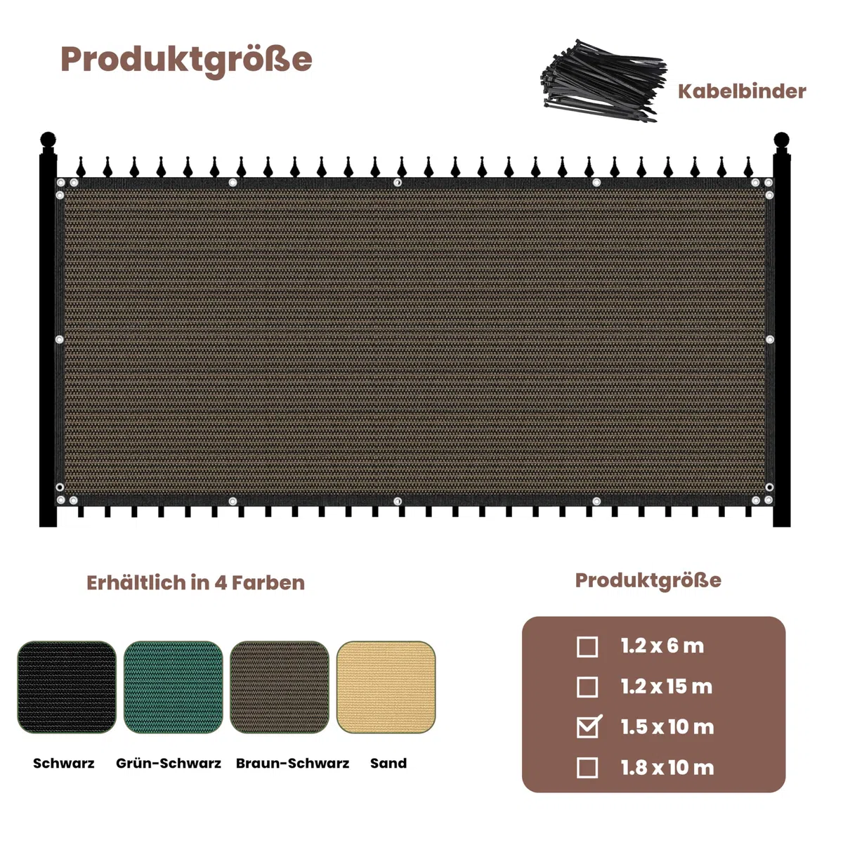 Zaunblende Sichtschutz Braun-Schwarz,1.5x10m, Sichtschutzzaun 90% HDPE-Schattennetz für den Außenbereich, mit Löchern und Kabelbindern, UV-beständiges, reißfestes Sonnenschutznetz