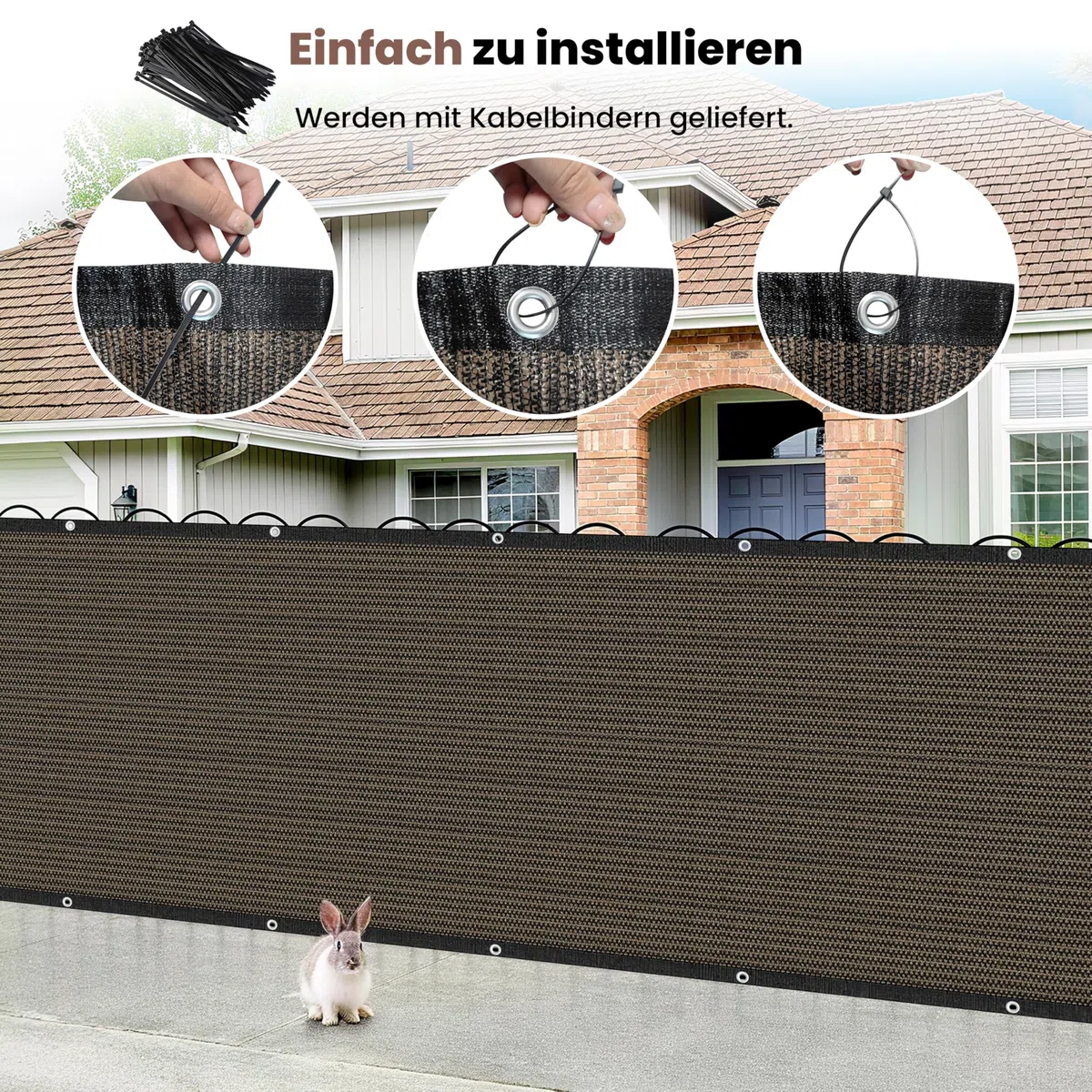 Zaunblende Sichtschutz Braun-Schwarz,1.5x10m, Sichtschutzzaun 90% HDPE-Schattennetz für den Außenbereich, mit Löchern und Kabelbindern, UV-beständiges, reißfestes Sonnenschutznetz