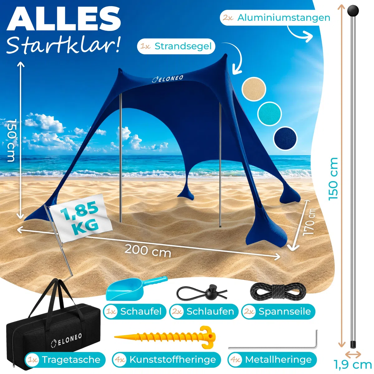 ELONEO Strandzelt, Sonnensegel Strand 200x170x150 cm, LSF 50+, Sonnenschutz für Strand mit Sandschaufel, Heringen und Stabilitätsstangen, Navy