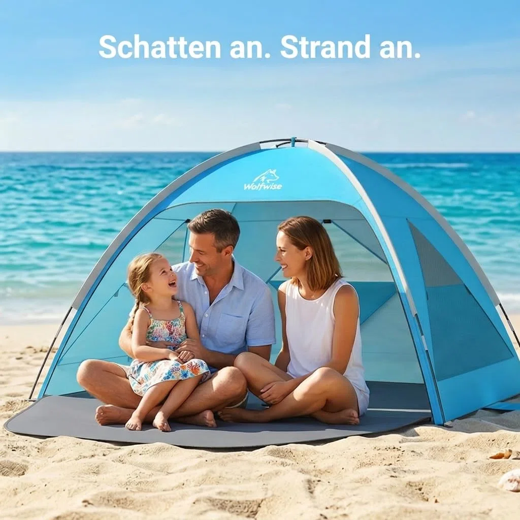 Wolfwise Strandmuschel UV Schutz, 3 Belüftungsfenster & Tragetasche, Strand Zelt mit erweiterbarem Boden für Privatsphäre, 3 Personen, 220x150x122cm(87 ''x59''x48''), Blau