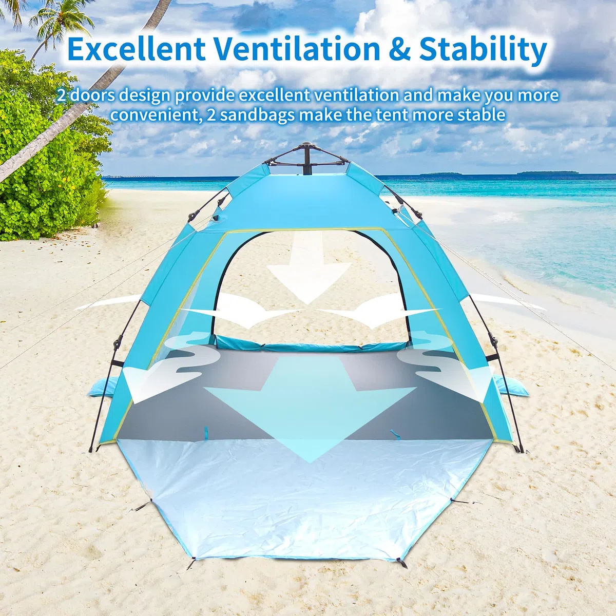 Cflity Strandmuschel, 1-3 Personen Automatische Instant Pop Up Strandzelt, UV Schutz 50+ Sonnenschutz Groß Tragbar Extra Light Pop Up Zelt mit Doppeltür für Garten, Fischen, Picknick