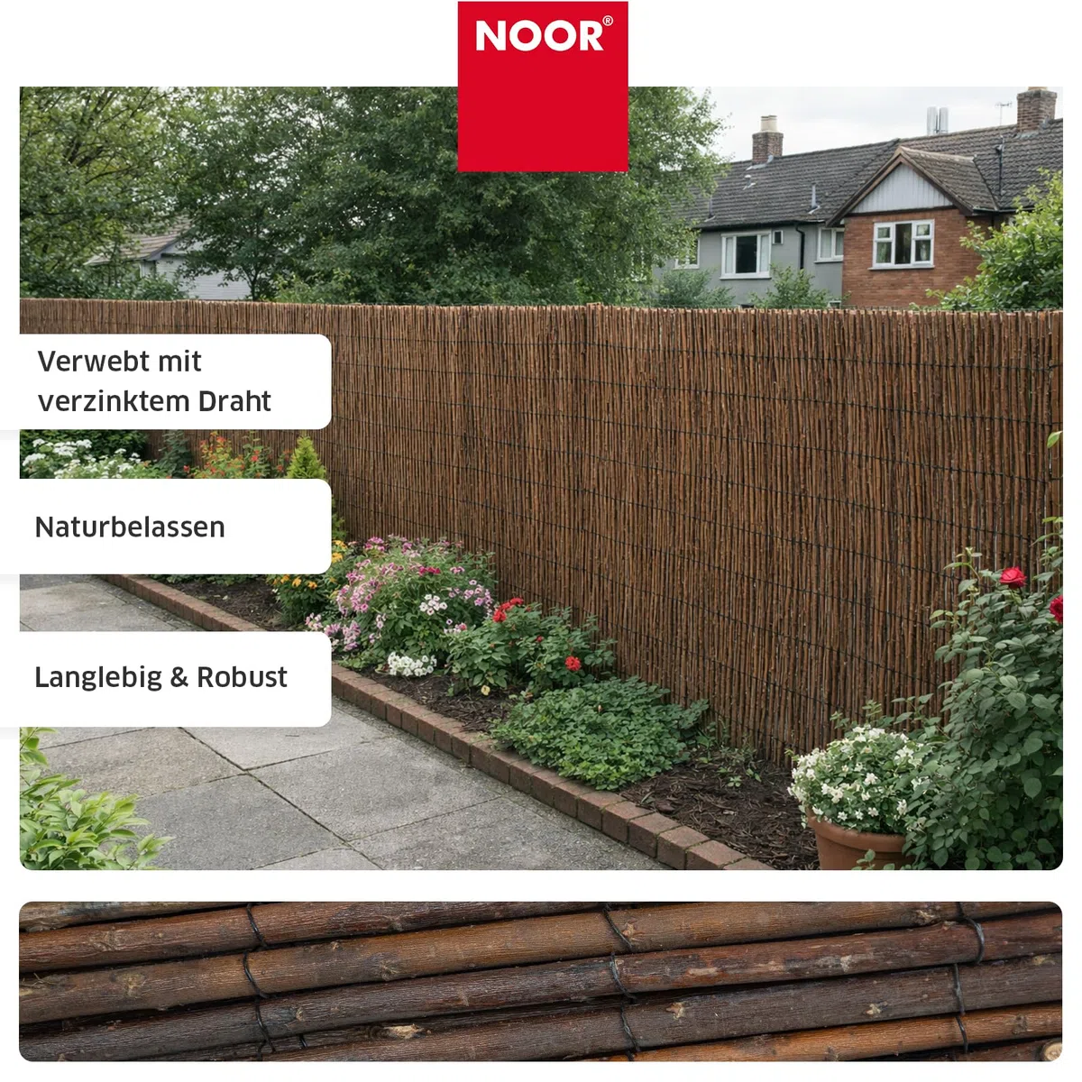 NOOR Weidenmatte DELUXE - Sichtschutzmatte Weidenzaun - Natur 0,9 x 4,5 m | Hochwertiger Sicht- & Windschutz aus Weidenzweigen für Garten, Terrasse & Balkon - robuste Zaunblende mit verzinktem Draht
