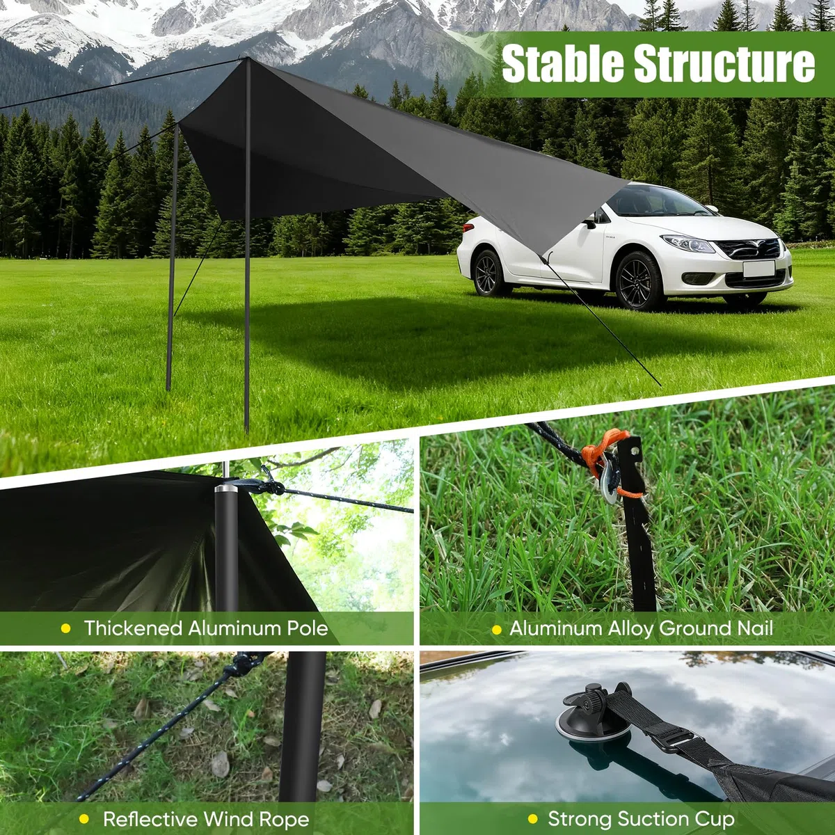 Auto Sonnensegel 2x3x2m 210D Oxford Markise 8000mm Wassersäule 99,9% UV-Schutz Universal Car Awning Aluminium Stangen Saugnäpfen Reflektiven Seilen SUV Van Wohnmobil Camping