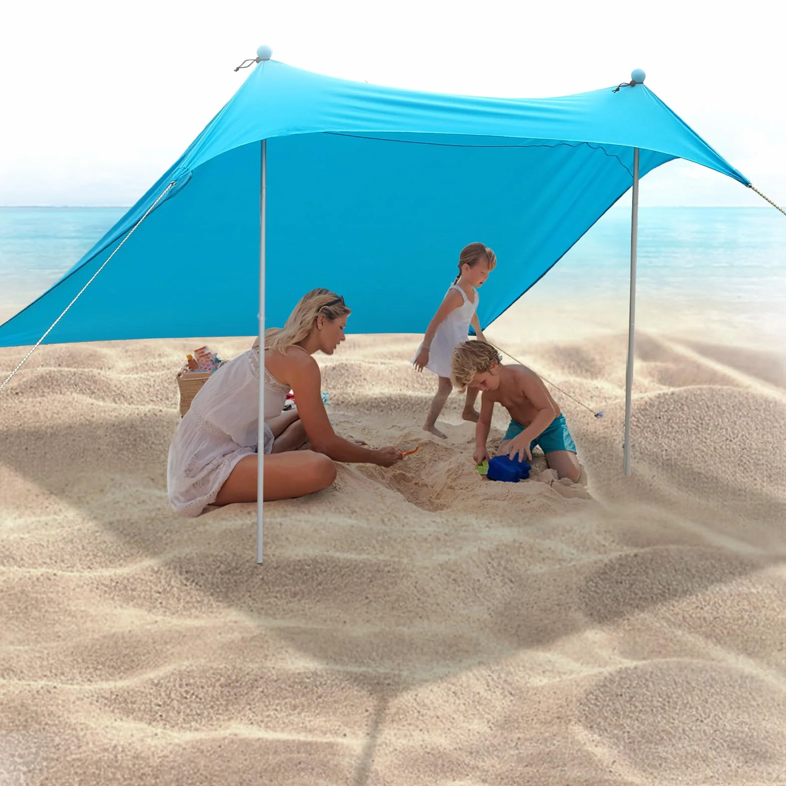 JAICOM Strandzelt, 2.1x2.1m Strandmuschel, UPF50+ UV-Schutz und Wasserdicht Sonnensegel, Mit Sandschaufel, Aluminiumstange, Heringen, Geeignet für Strand Schatten, Garten, Camping Verwenden