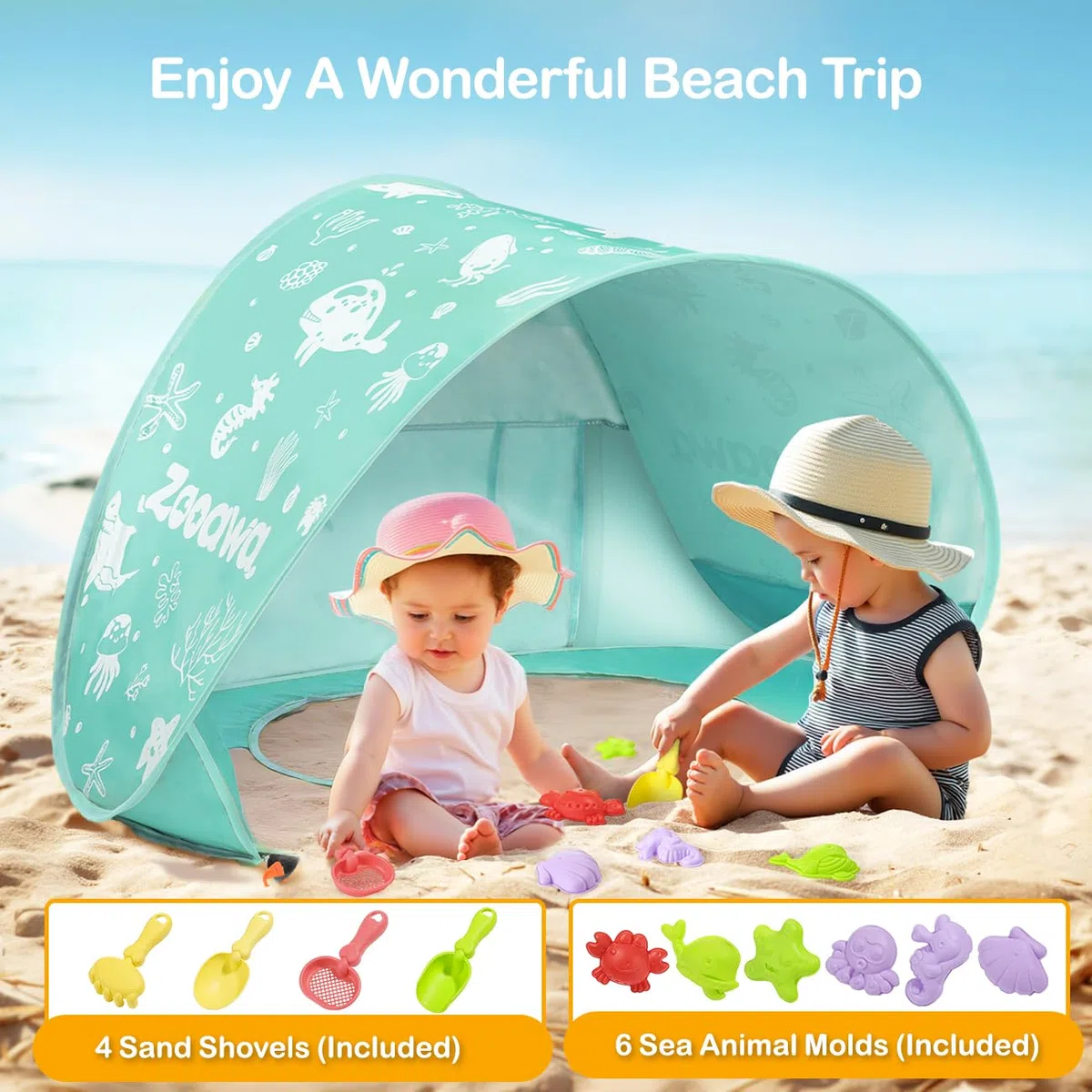 Strandmuschel Pop Up Baby Strandzelt Strandmuscheln,Tragbar Baby Strand Zelt mit Mini Pool UV-Schutz 50+ Sun Windschutz Shelter für Kleinkinder mit Strand Sand Spielzeug Set, Minzgrün