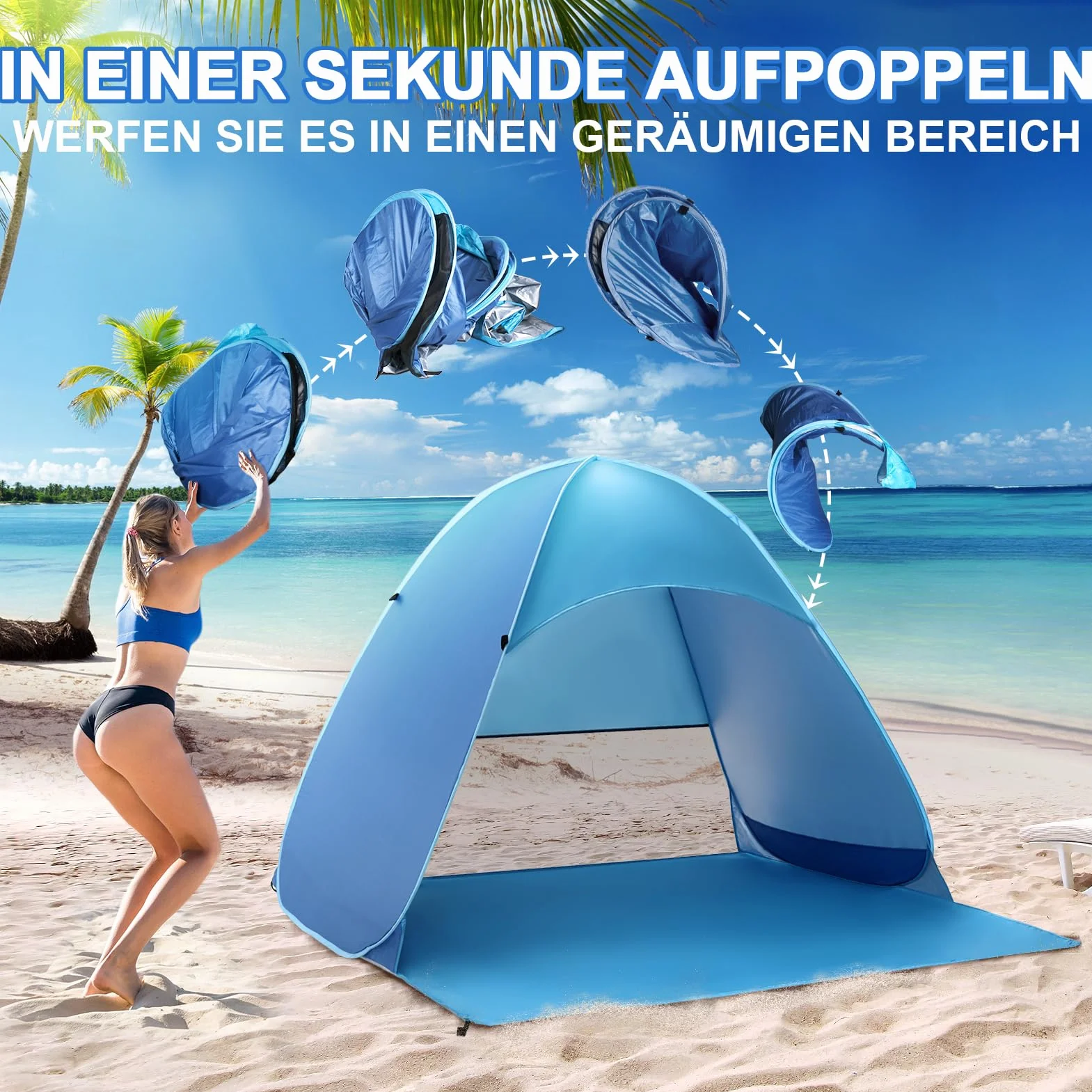 COVACURE Strandmuschel Pop Up XXL Strandzelt für 3–4 Personen, mit UV-Schutz UPF 50+ Ideal für Strand, Garten und Park
