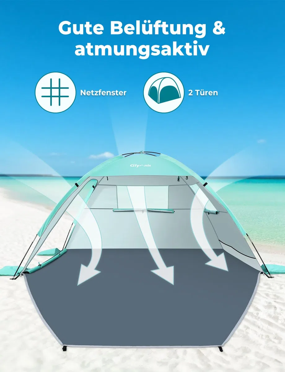 Glymnis Strandmuschel Strandzelt Strand Zelt mit 2 Reißverschlusstür UV-Schutz UPF50+ Windschutz kleines Packmaß Strandzelt für 2-3 Personen