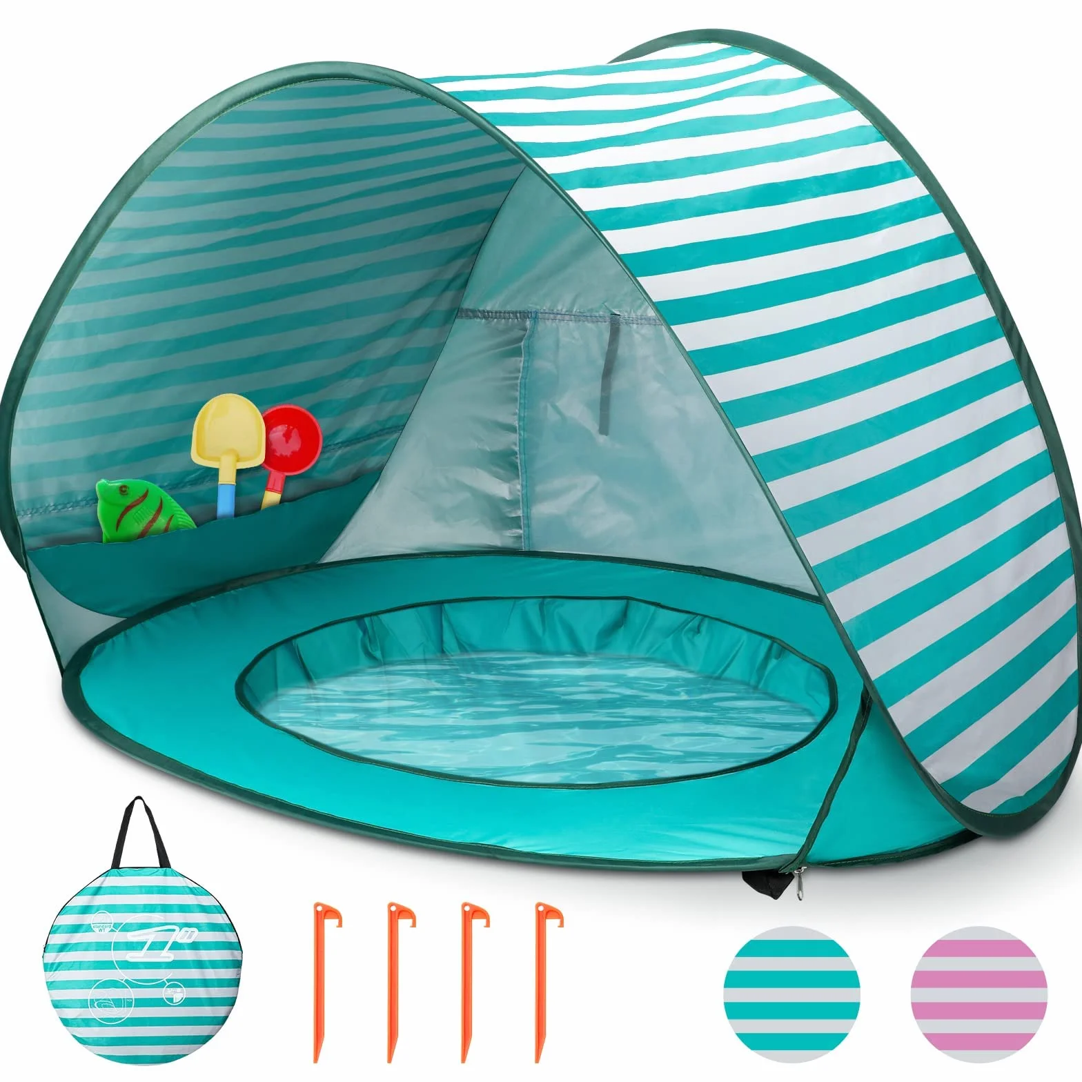 Strandmuschel Baby Pop Up Strandzelt, Baby Strand Zelt mit Mini Pool Tragbar Pop Up Baby Strandzelt UV-Schutz Sun Shelter für Kleinkinder Picknick Garten Strandmuschel (Grün)