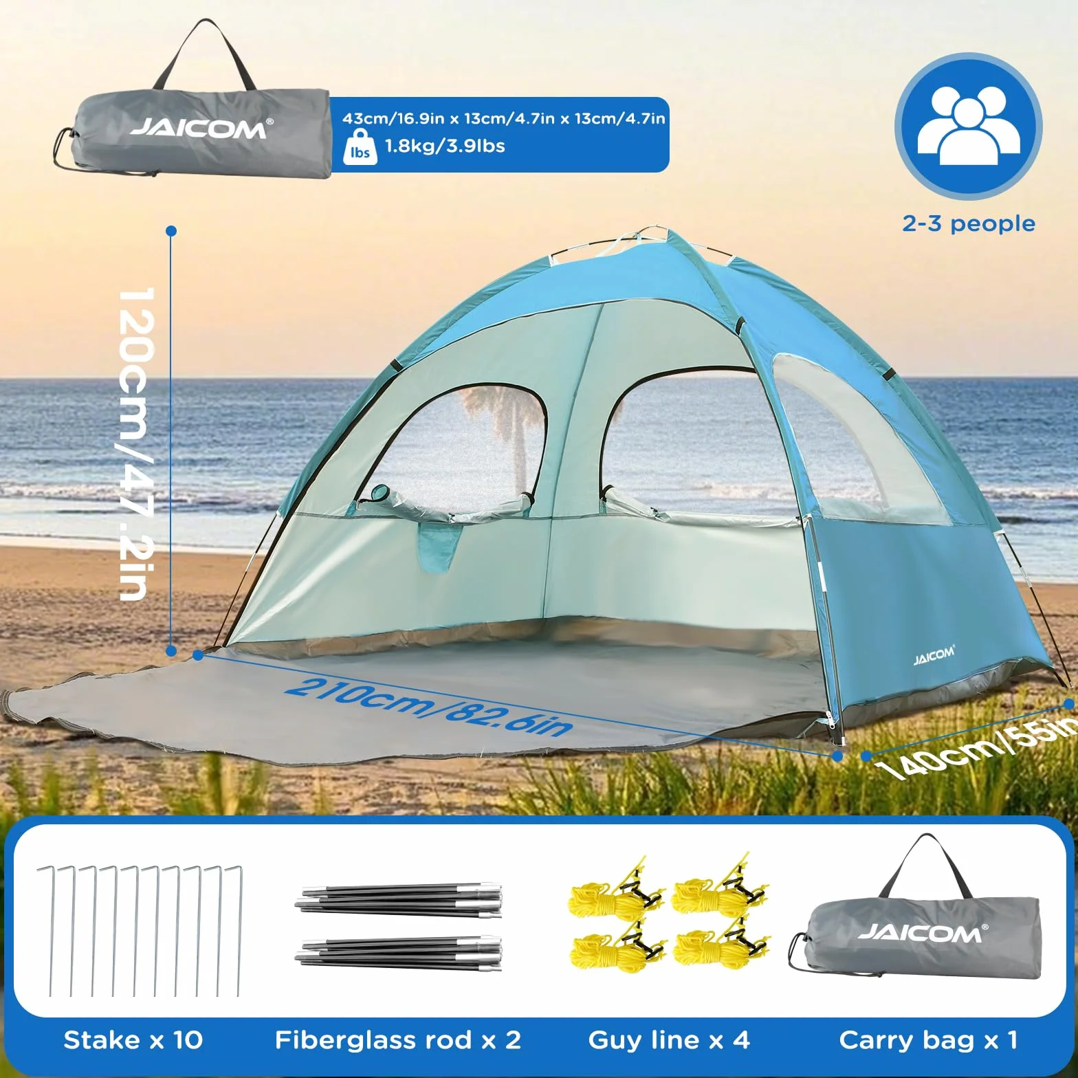 JAICOM Strandmuschel, 2-3 Personen Strandzelt mit UPF 50+ UV Schutz, Leichtes, schnell aufzubauendes sonnenzelt Strand, Mit DREI luftigen Fenstern, für Familie, Strand, Garten, Camping