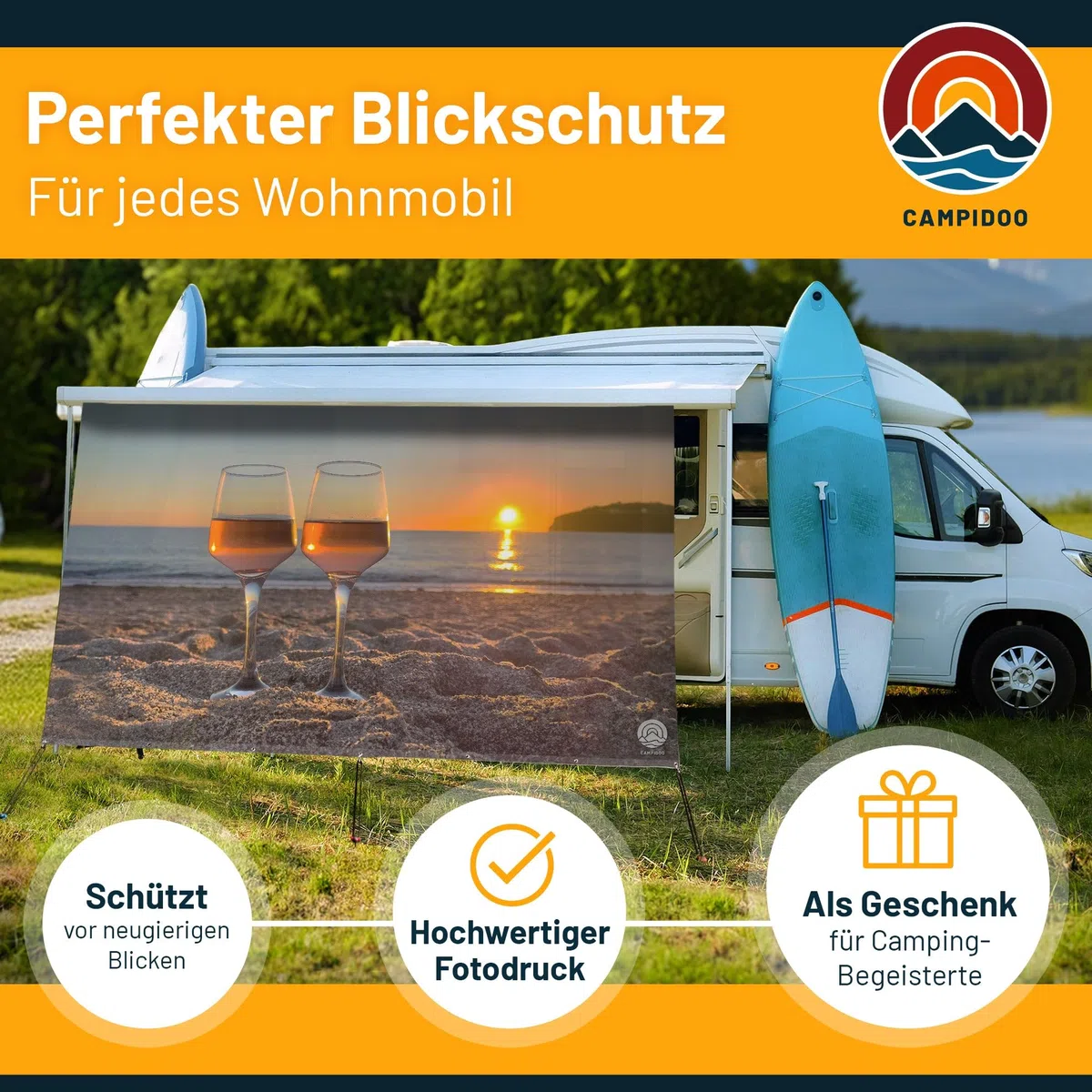 Bergsee Textil Sonnensegel Höhe 200cm Fotodruck Keder-Befestigung Länge 450cm 5 mm Keder