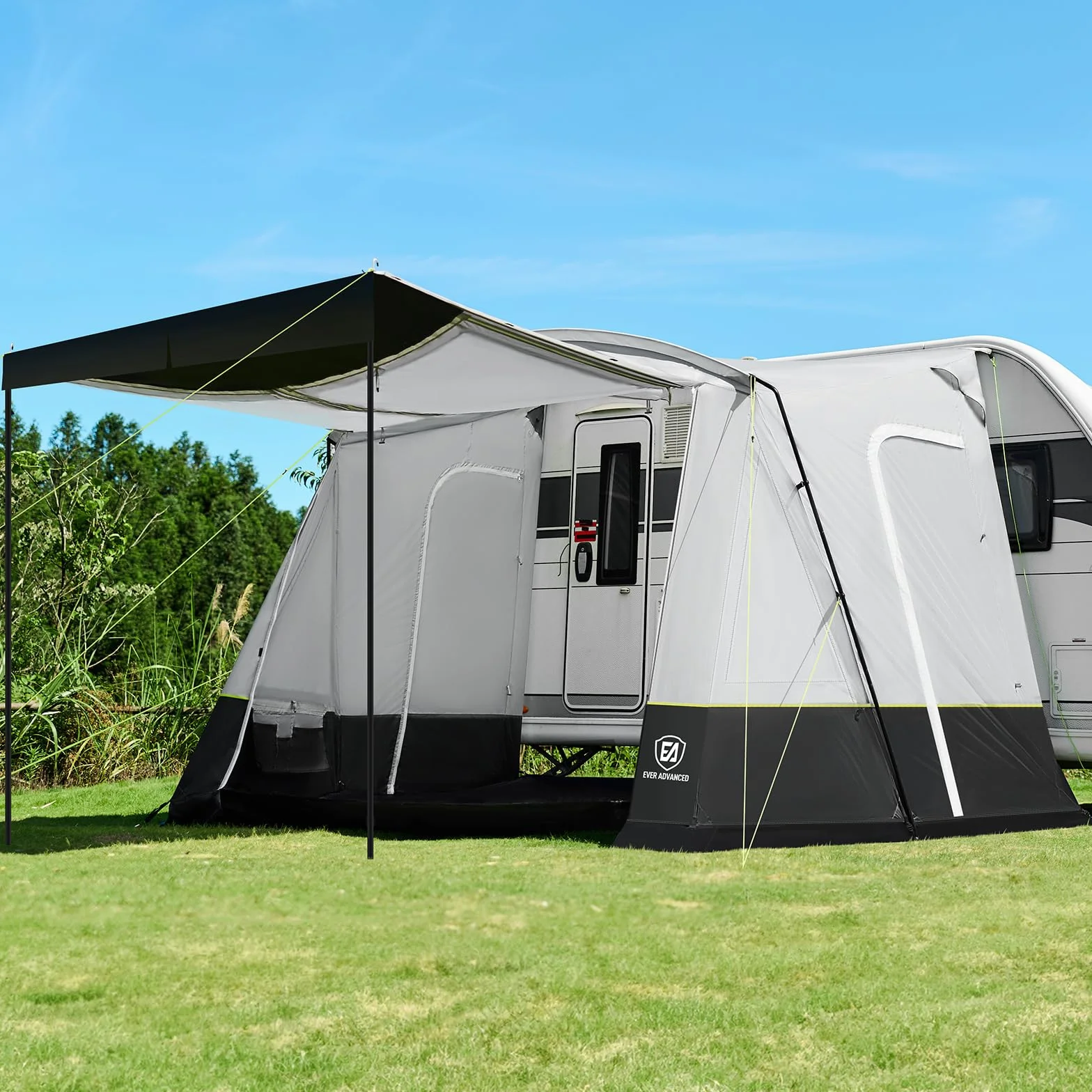 EVER ADVANCED Vorzelt Wohnwagen 350x260x245cm für Wohnmobil mit 2 Fenstern Seitentüre, großerer Tür als Dach, Reisevorzelt PU 3000mm wasserfest geeignet für Reise, Familie zusammen, Camping