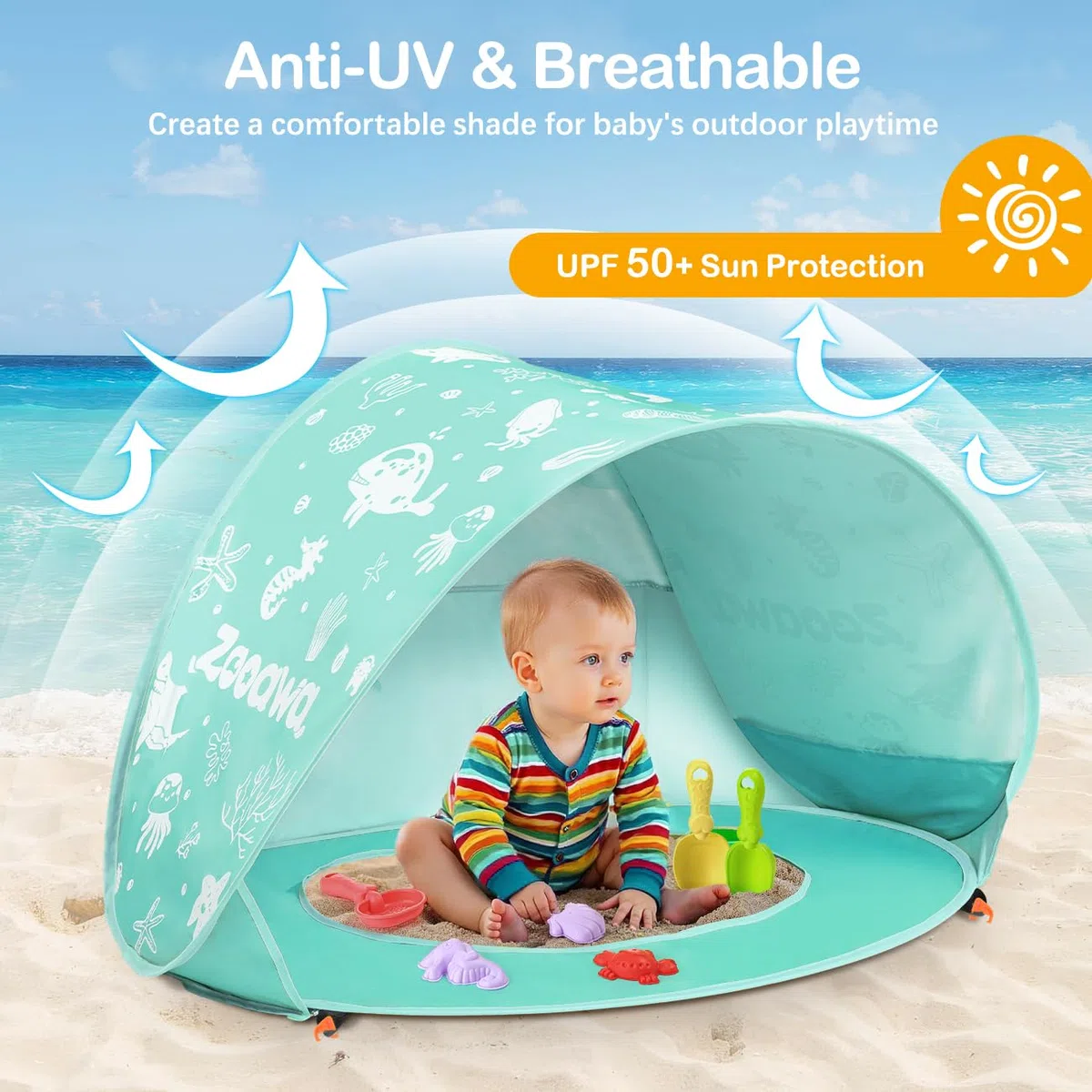 Strandmuschel Pop Up Baby Strandzelt Strandmuscheln,Tragbar Baby Strand Zelt mit Mini Pool UV-Schutz 50+ Sun Windschutz Shelter für Kleinkinder mit Strand Sand Spielzeug Set, Minzgrün